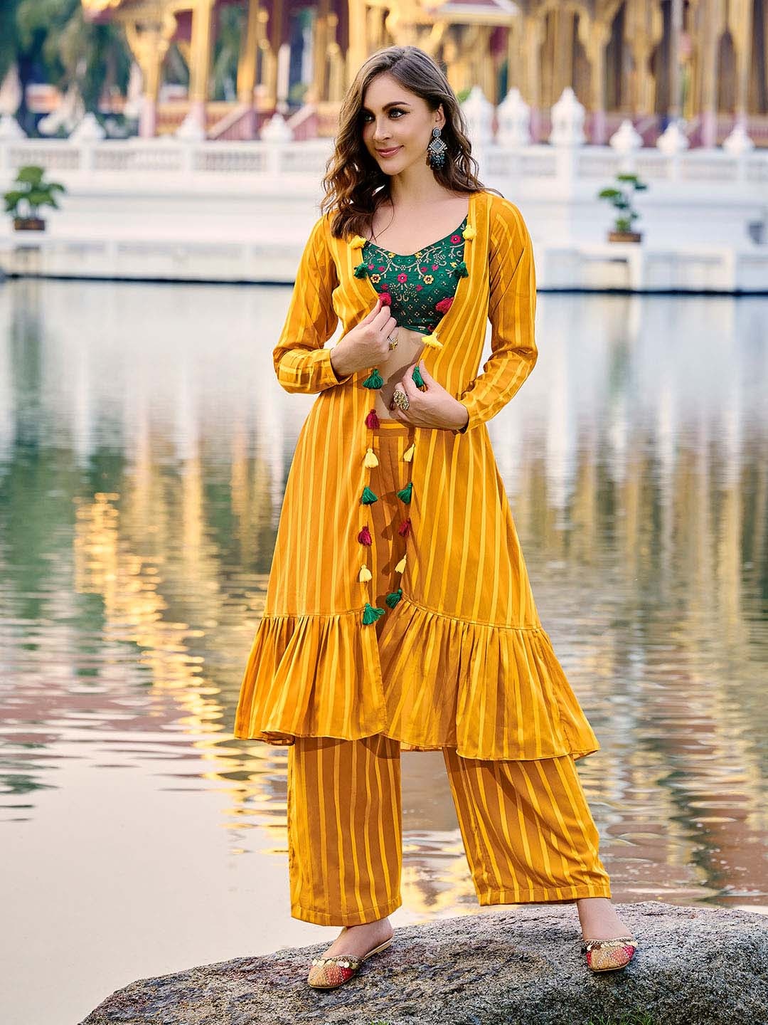 

Mitera Embroidered Crop Top & Palazzo With Shrug, Yellow