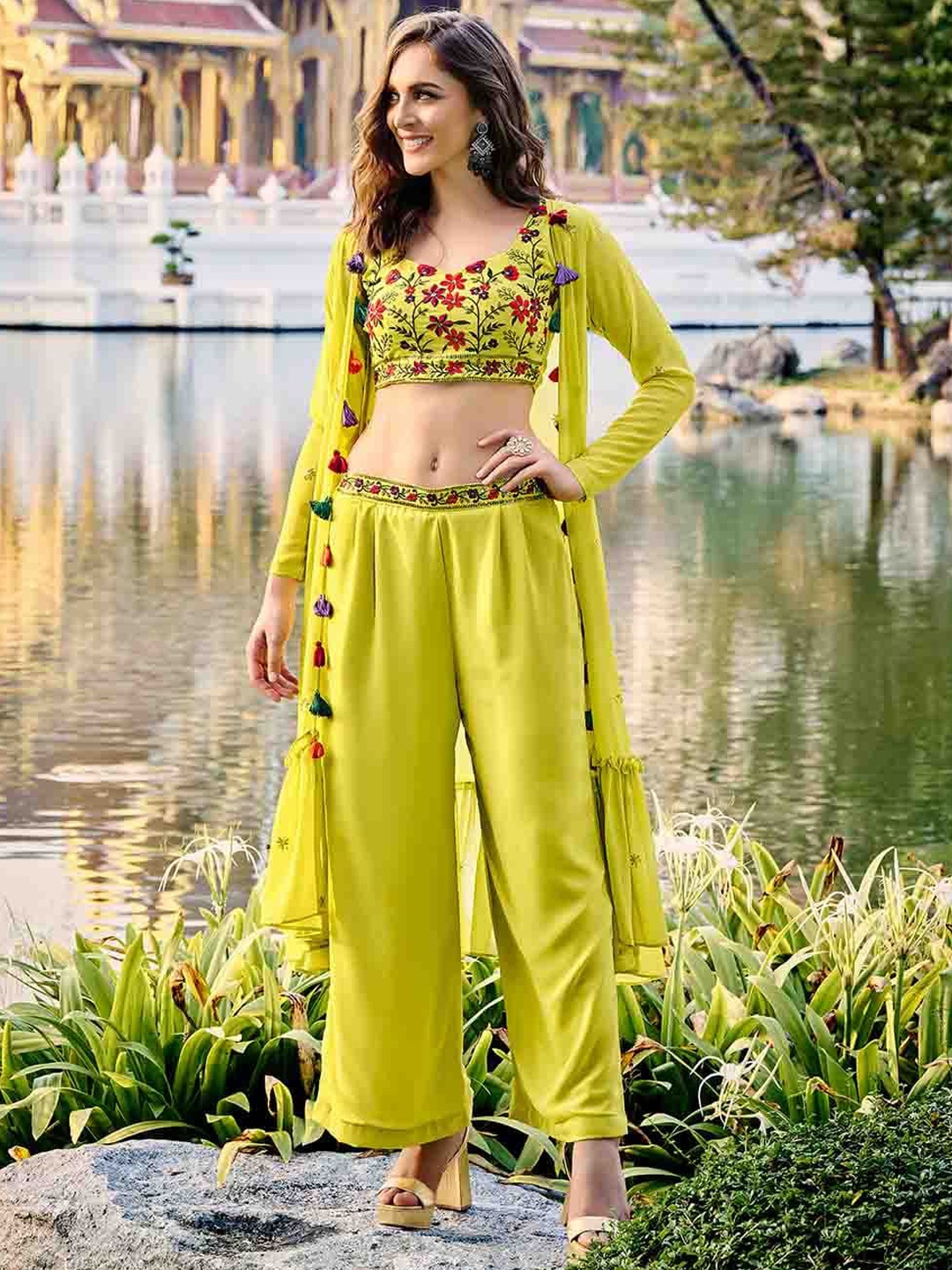 

Mitera Embroidered Ethnic Crop Top With Palazzo & Shrug, Fluorescent green