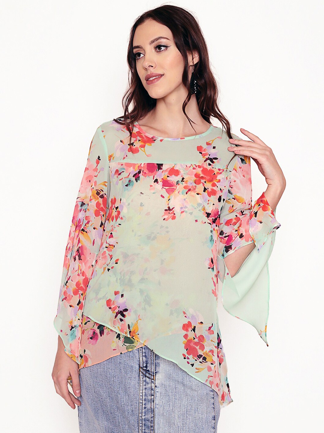 

250 DESIGNS Floral Printed Layered Asymmetric Georgette Longline Top, Turquoise blue