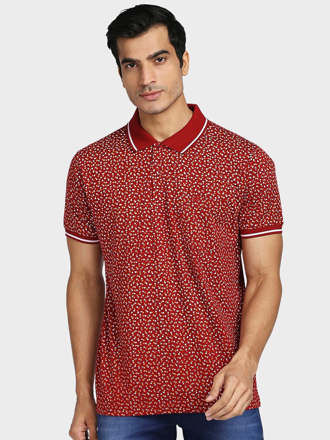 

ColorPlus Micro Ditsy Printed Pocket Detail Polo Collar T-shirt, Red
