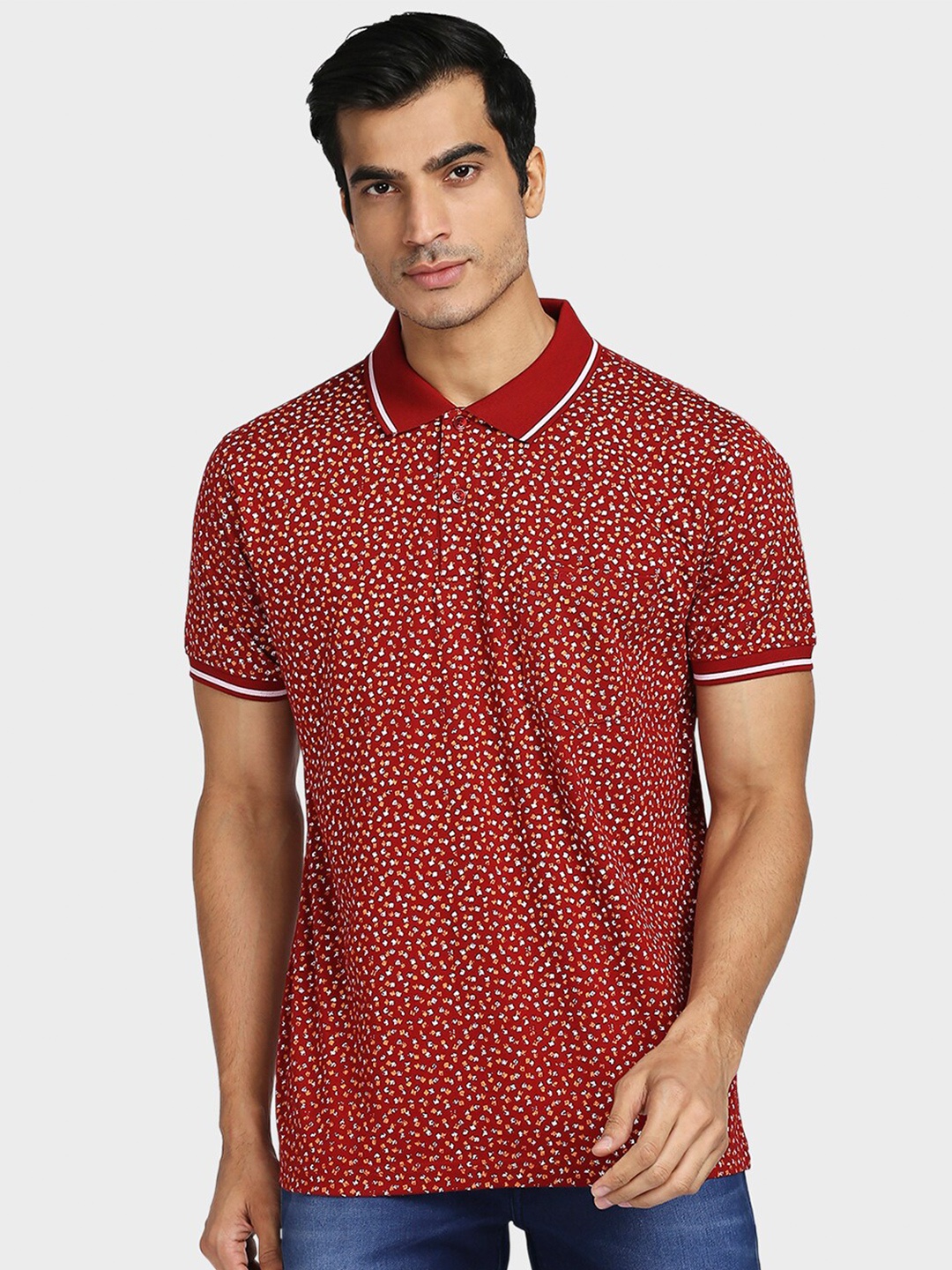 ColorPlus Micro Ditsy Printed Polo Collar Cotton T-shirt, Red