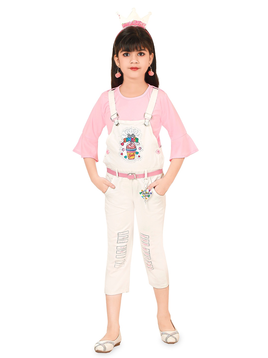 

BURBN Girls Graphic Printed Top With Dungarees, Pink