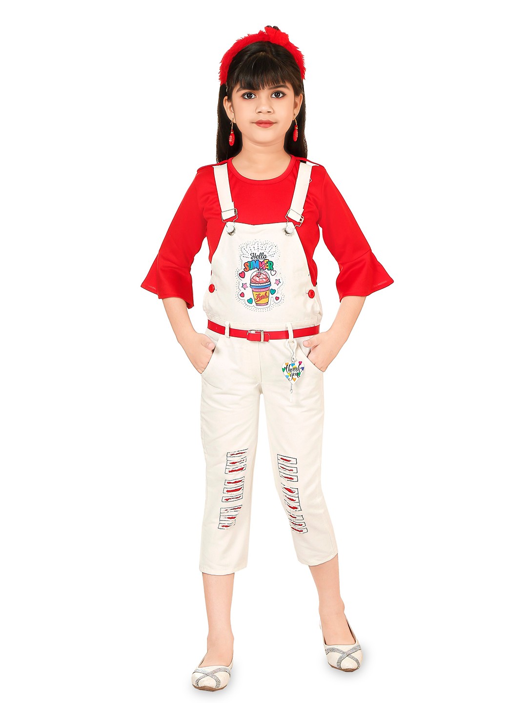 

BURBN Girls Applique Detail Belted Denim Dungaree & Top, White