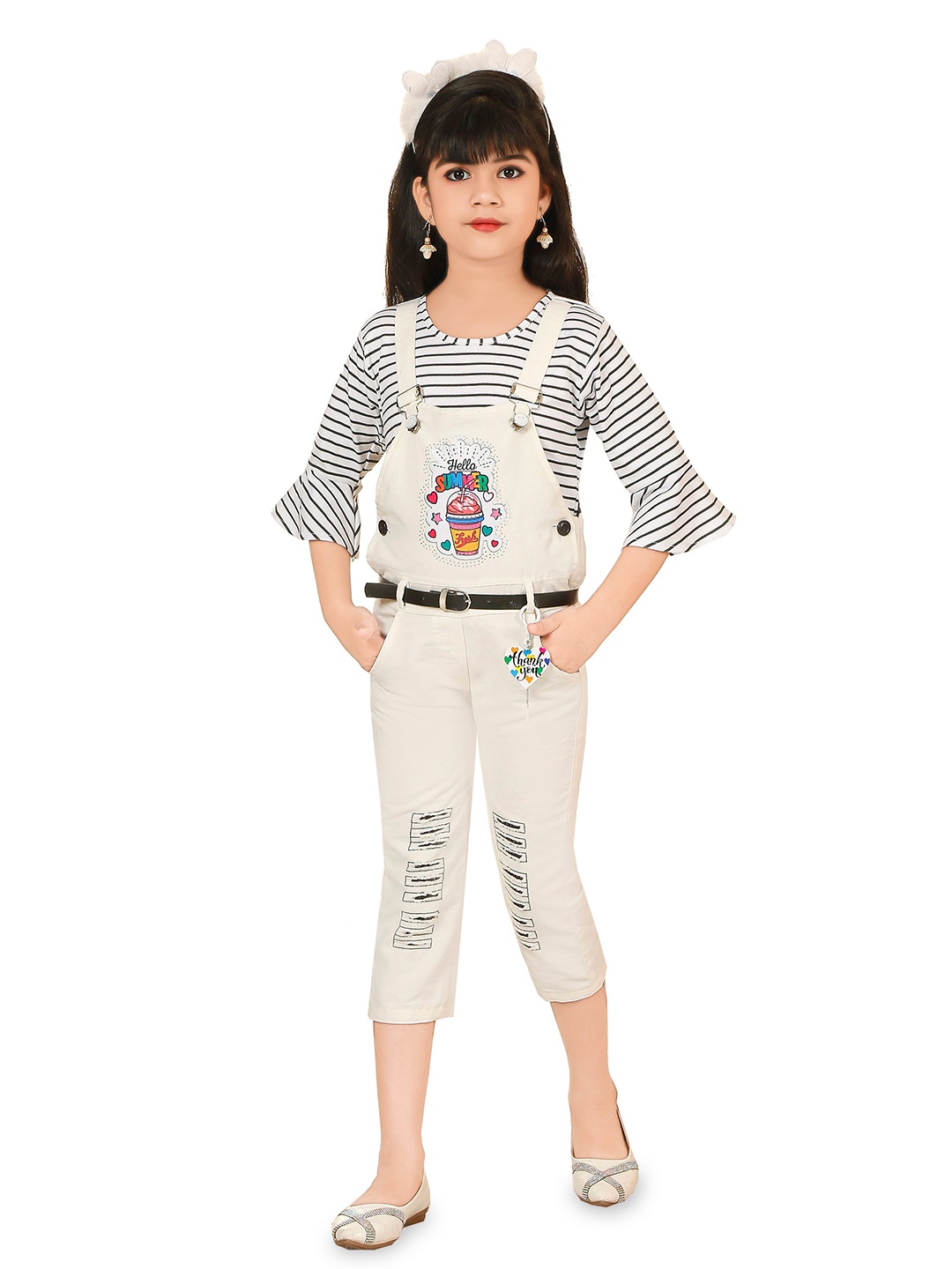 

BURBN Girls Graphic Printed Top With Dungarees, White