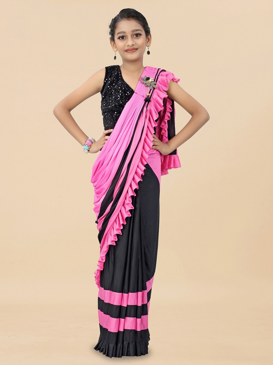 

APNISHA Girls Sequinned Ready to Wear Saree, Pink