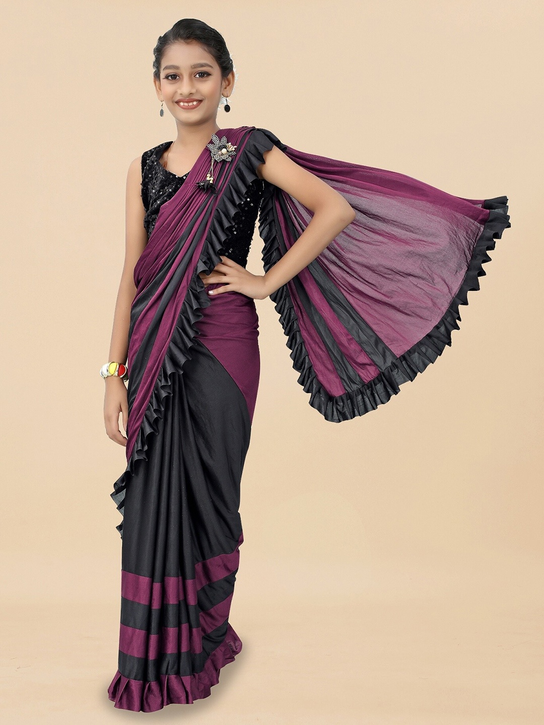 

APNISHA Girls Sequinned Ready to Wear Saree, Purple