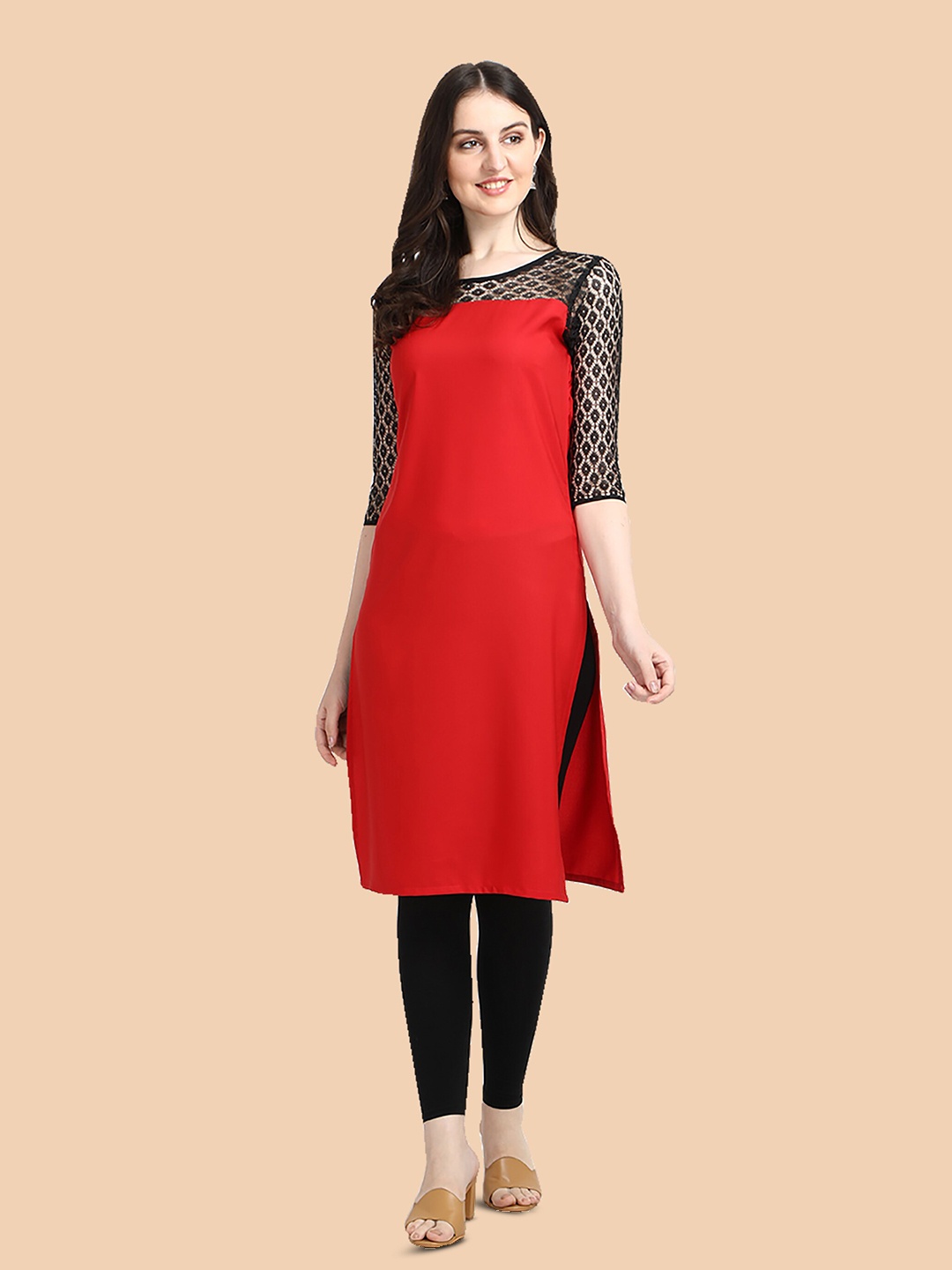 

Dream Beauty Fashion Round Neck Lace Inserts Straight Kurta, Red