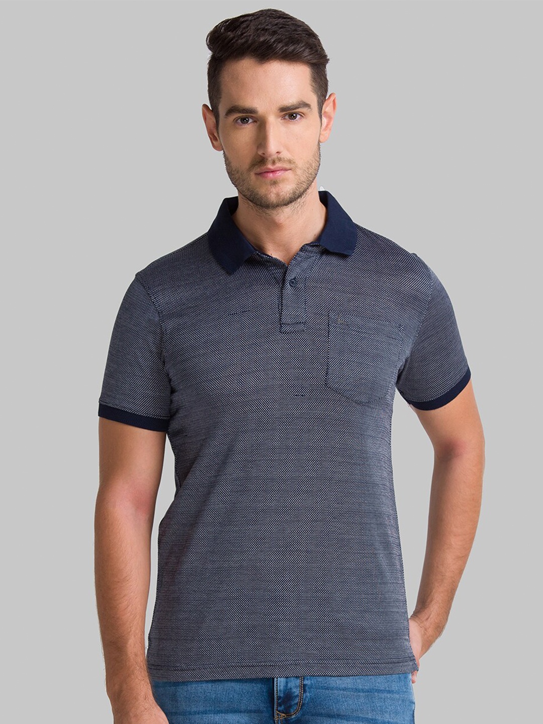 

Parx Self Design Polo Collar Knitted Cotton T-Shirt, Navy blue