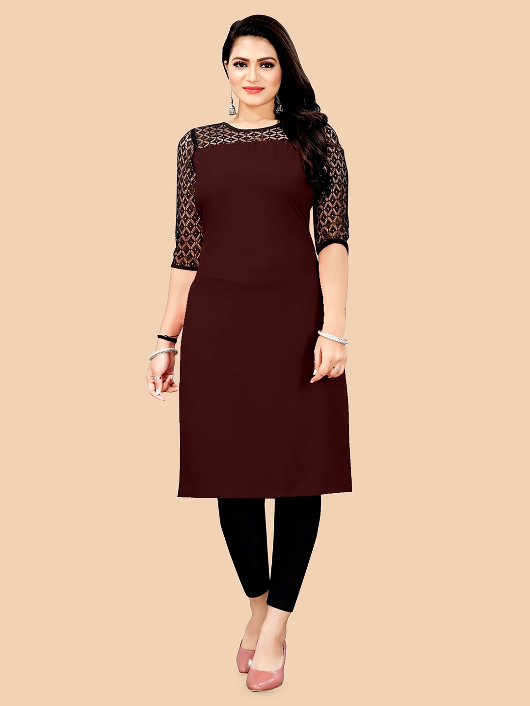 

Dream Beauty Fashion Round Neck Lace Inserts Straight Kurta, Maroon