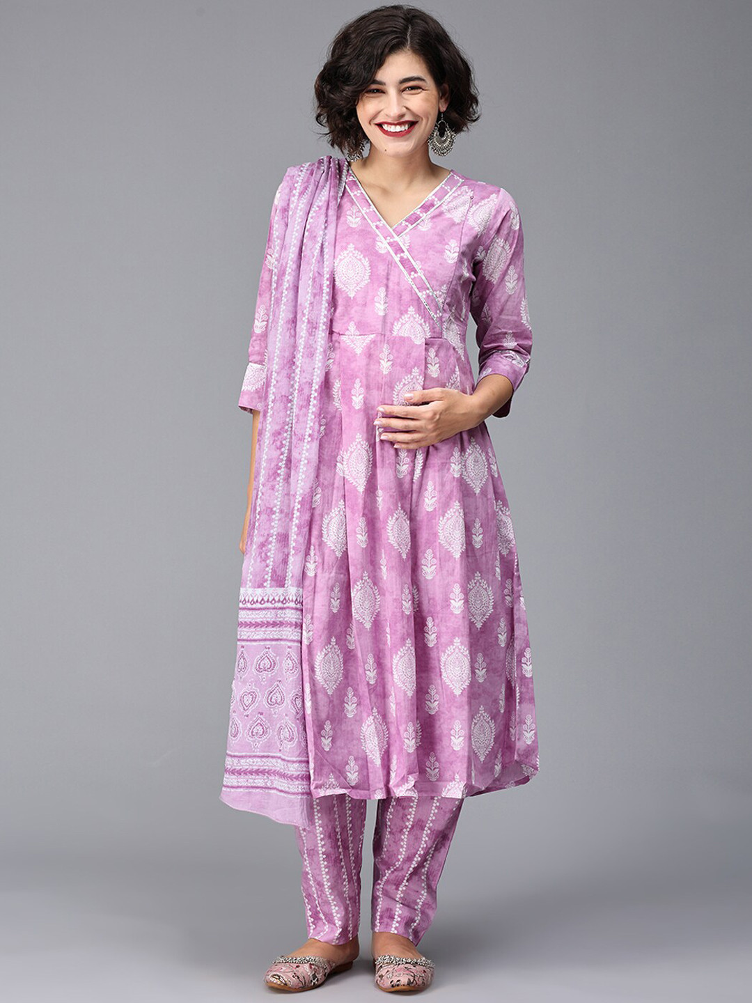 

The Mom Store Ethnic Motifs Printed Empire A-Line Pure Cotton Maternity Kurta Set, Purple