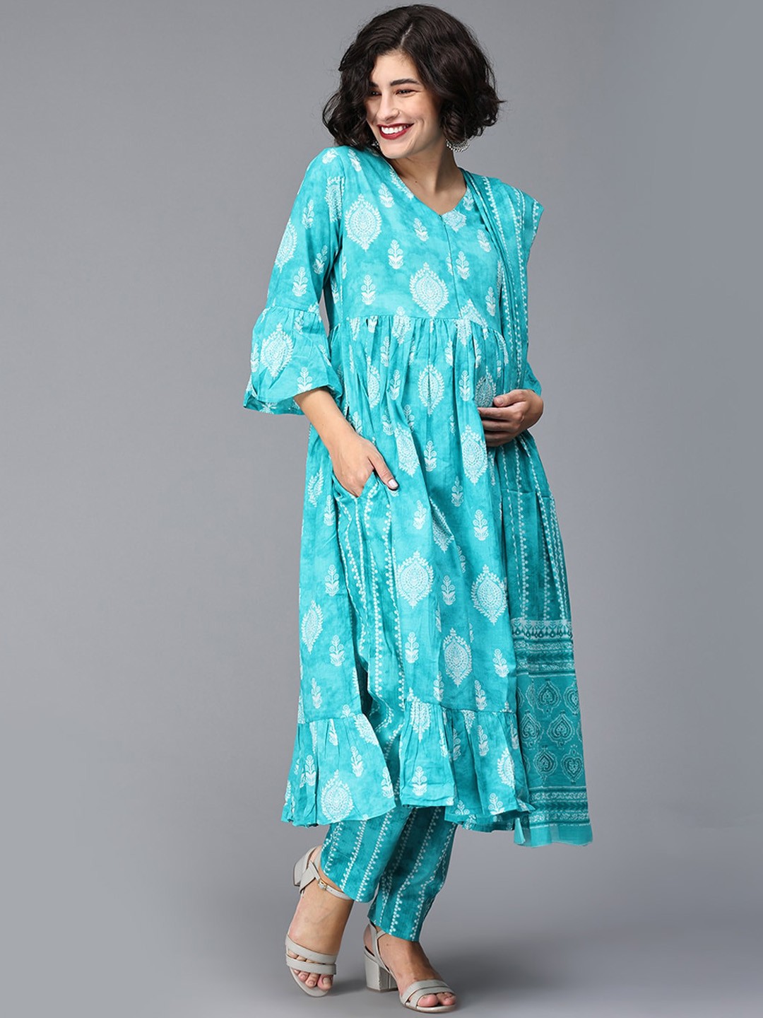 

The Mom Store Ethnic Motifs Printed Empire A-Line Pure Cotton Maternity Kurta Set, Blue