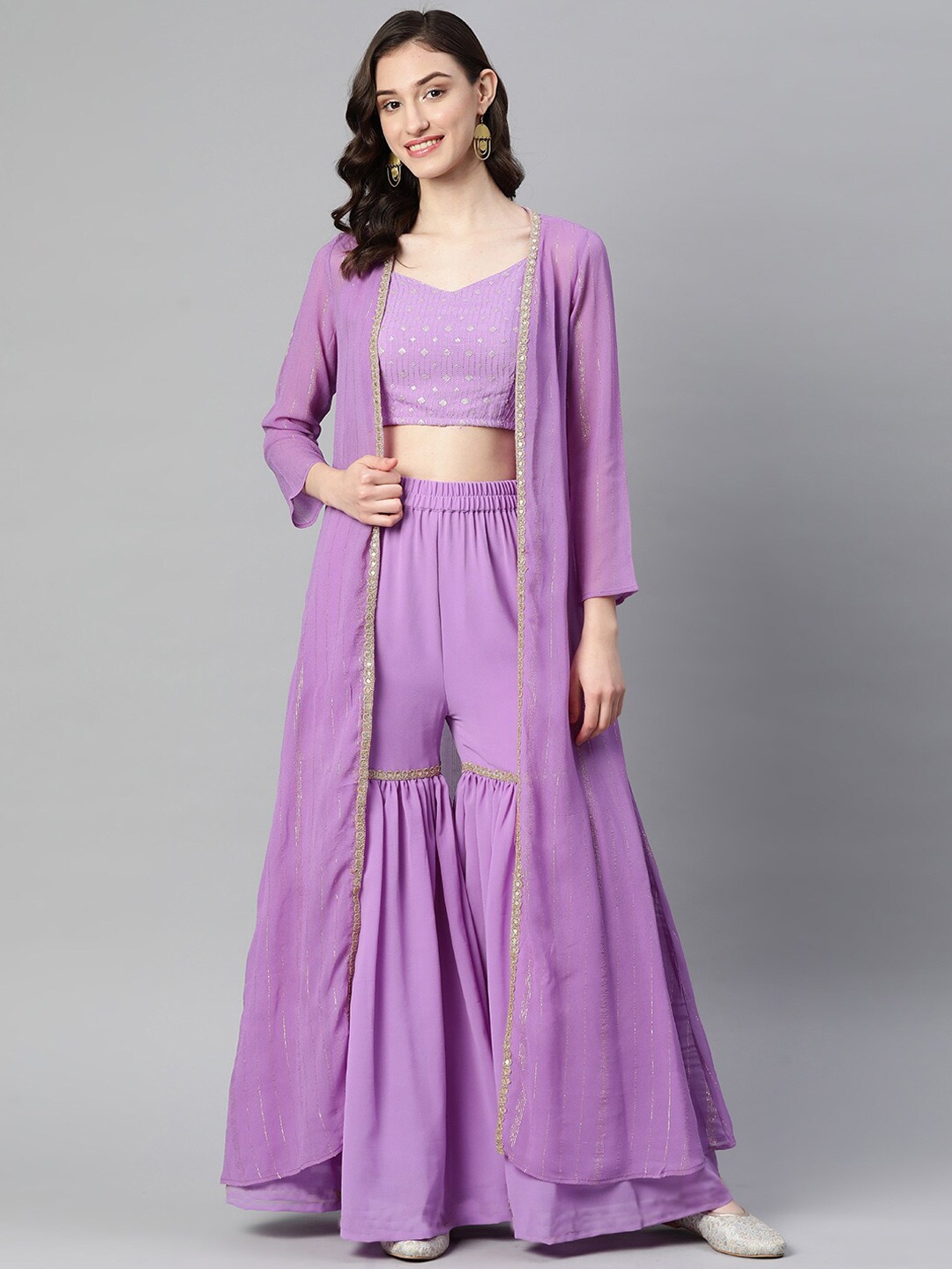 

Purple State Women Embroidered Top With Sharara & Shrug, Green