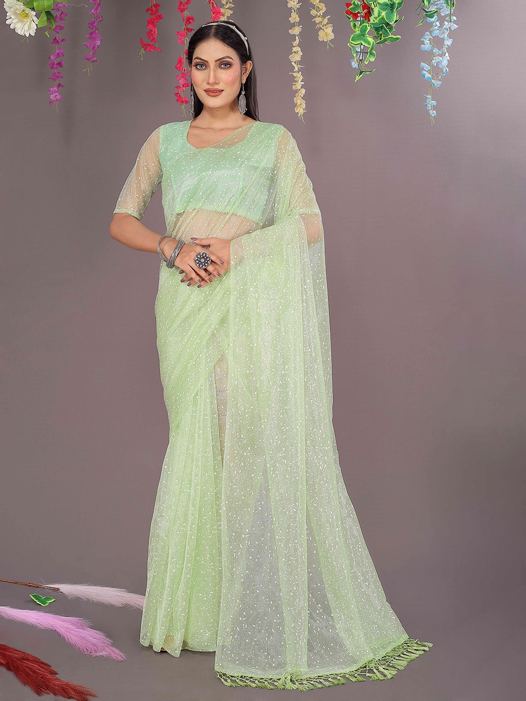 

SAADHVI Printed Jaali Net Saree, Fluorescent green