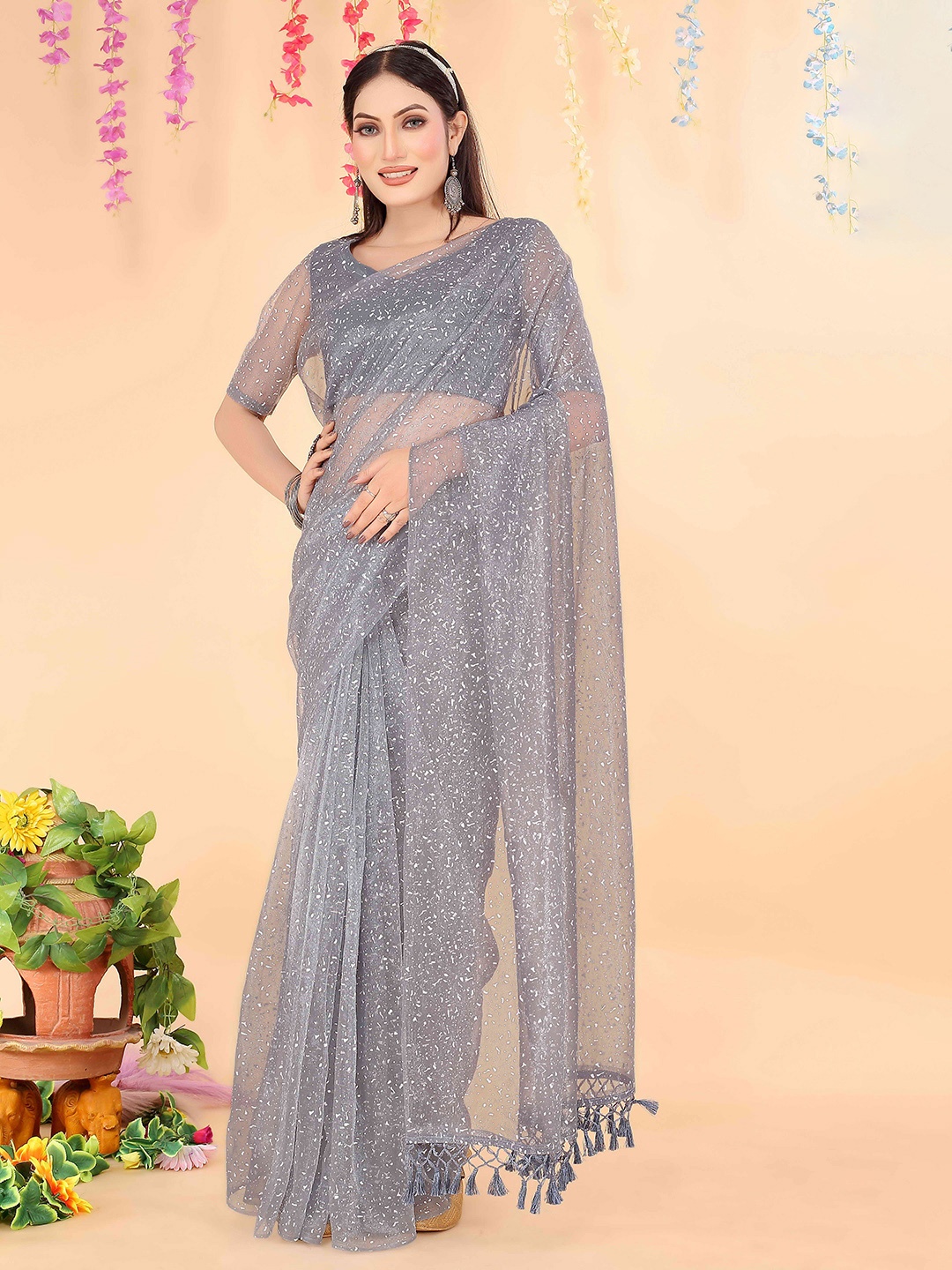 

SAADHVI Printed Jaali Net Saree, Grey