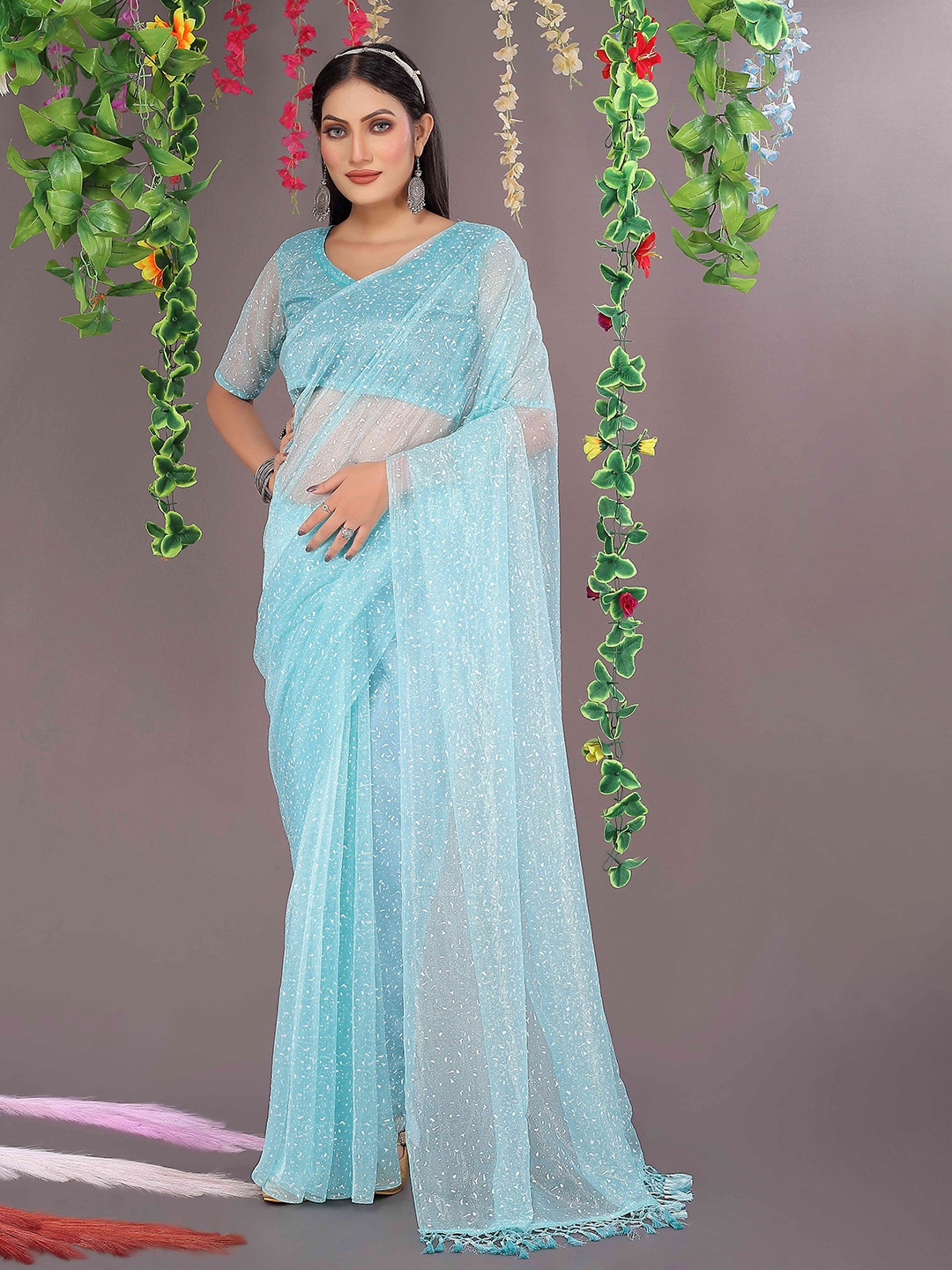 

SAADHVI Printed Jaali Net Saree, Turquoise blue