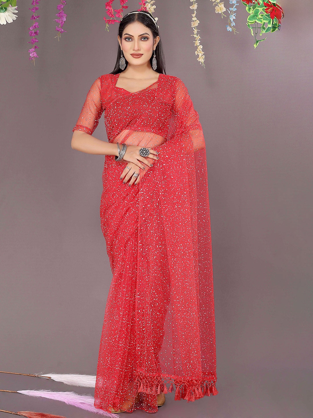 

SAADHVI Abstract Printed Jaali Net Saree, Red