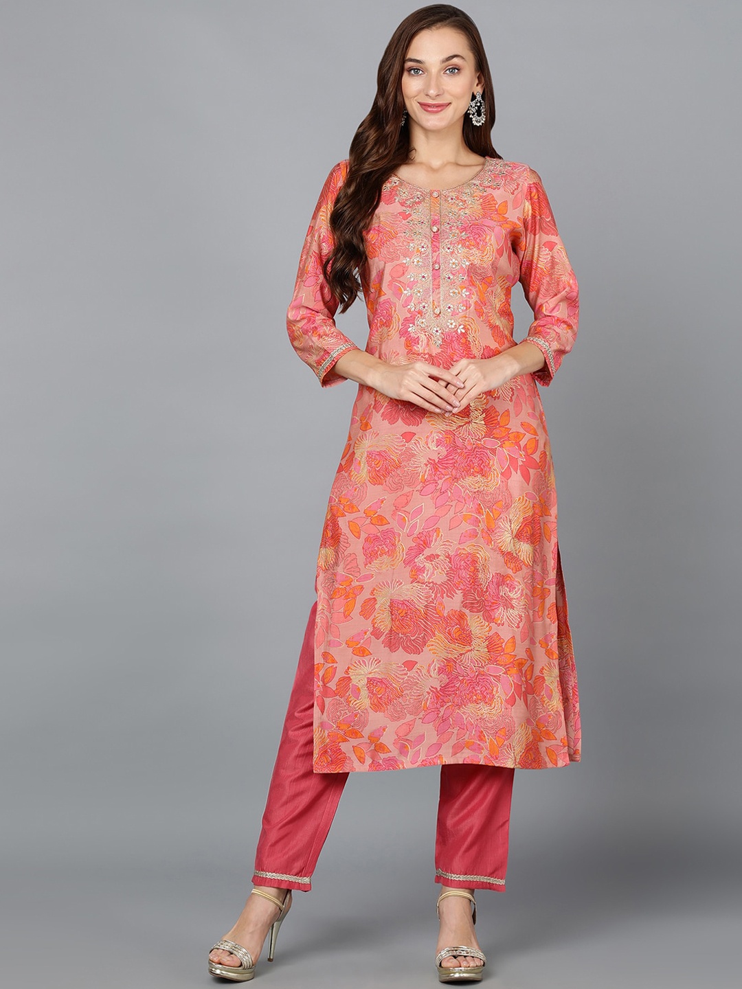 

AHIKA Floral Embroidered Thread Work Straight Kurta, Peach
