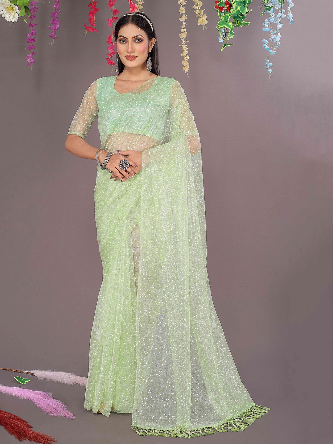 Florence Jaali Net Saree, Fluorescent green