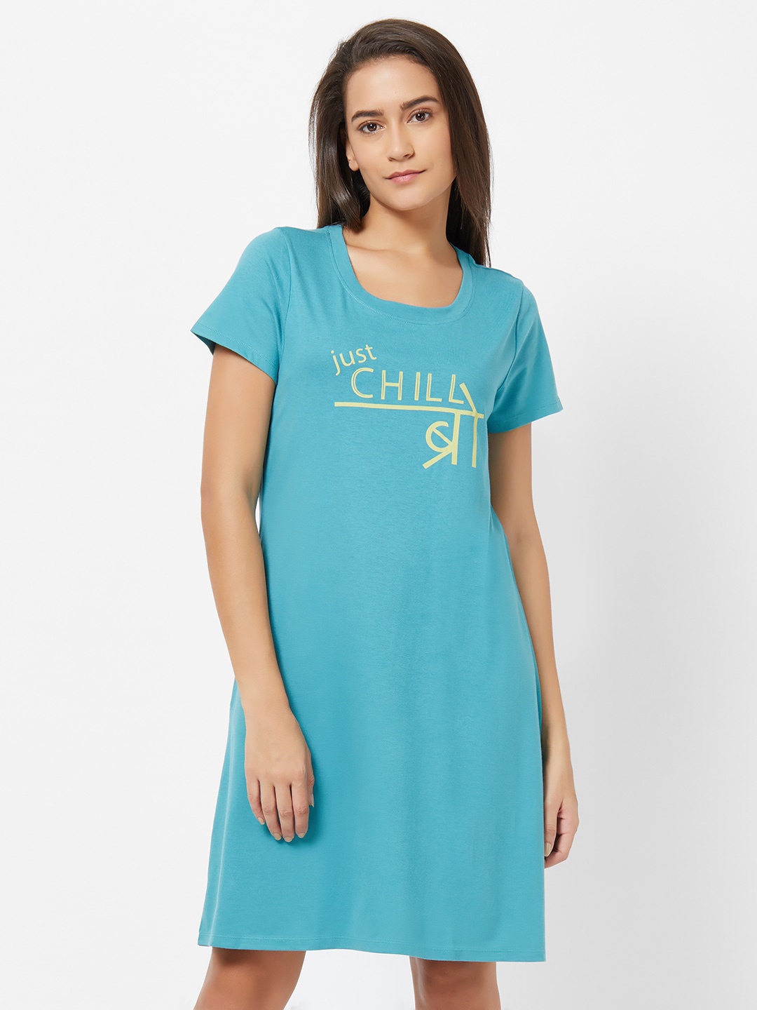 

Soie Printed Short Sleeves Super Soft Knee Length Nightdress, Blue