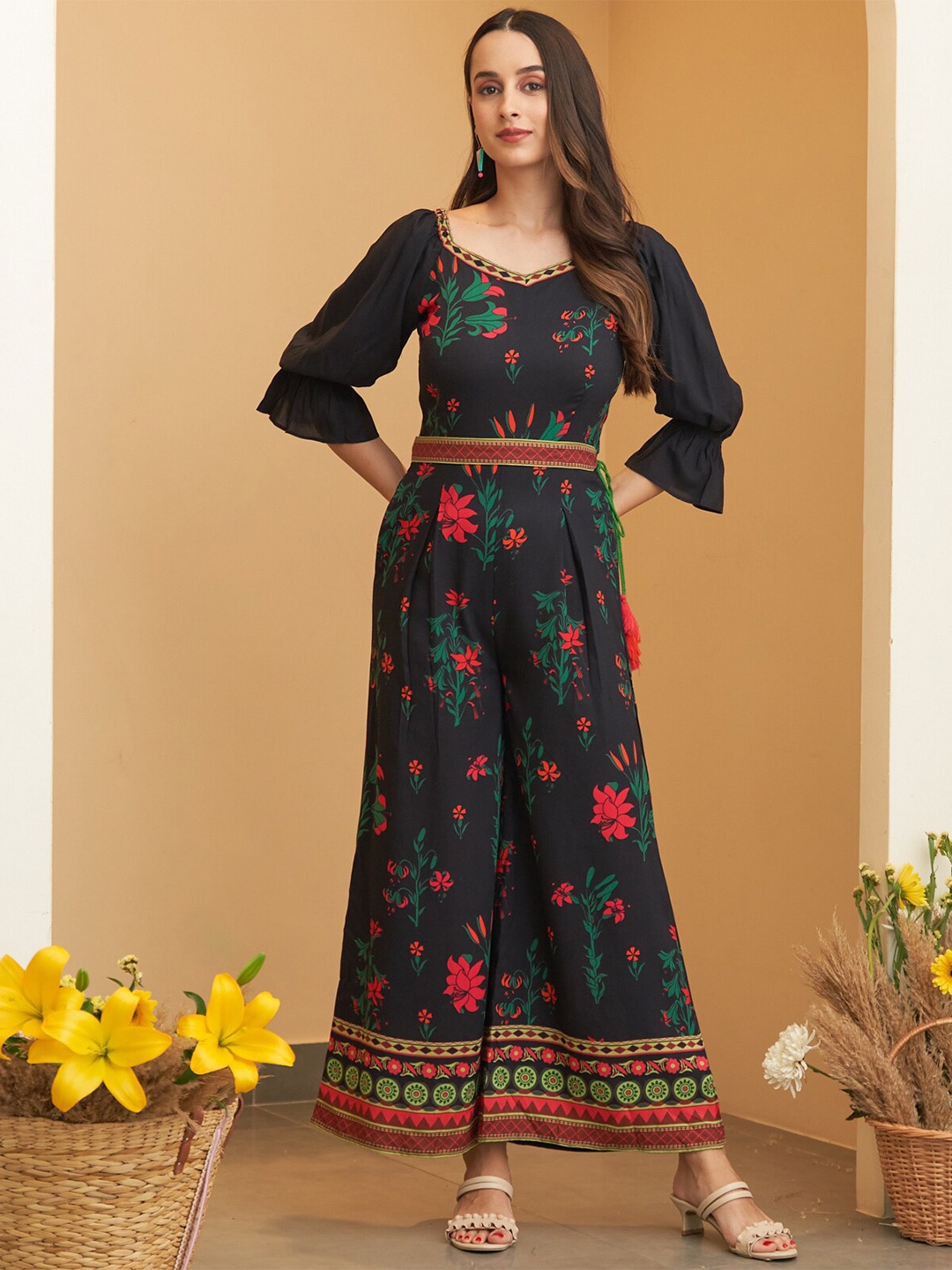 

Rustorange Printed Culotte Jumpsuit, Black