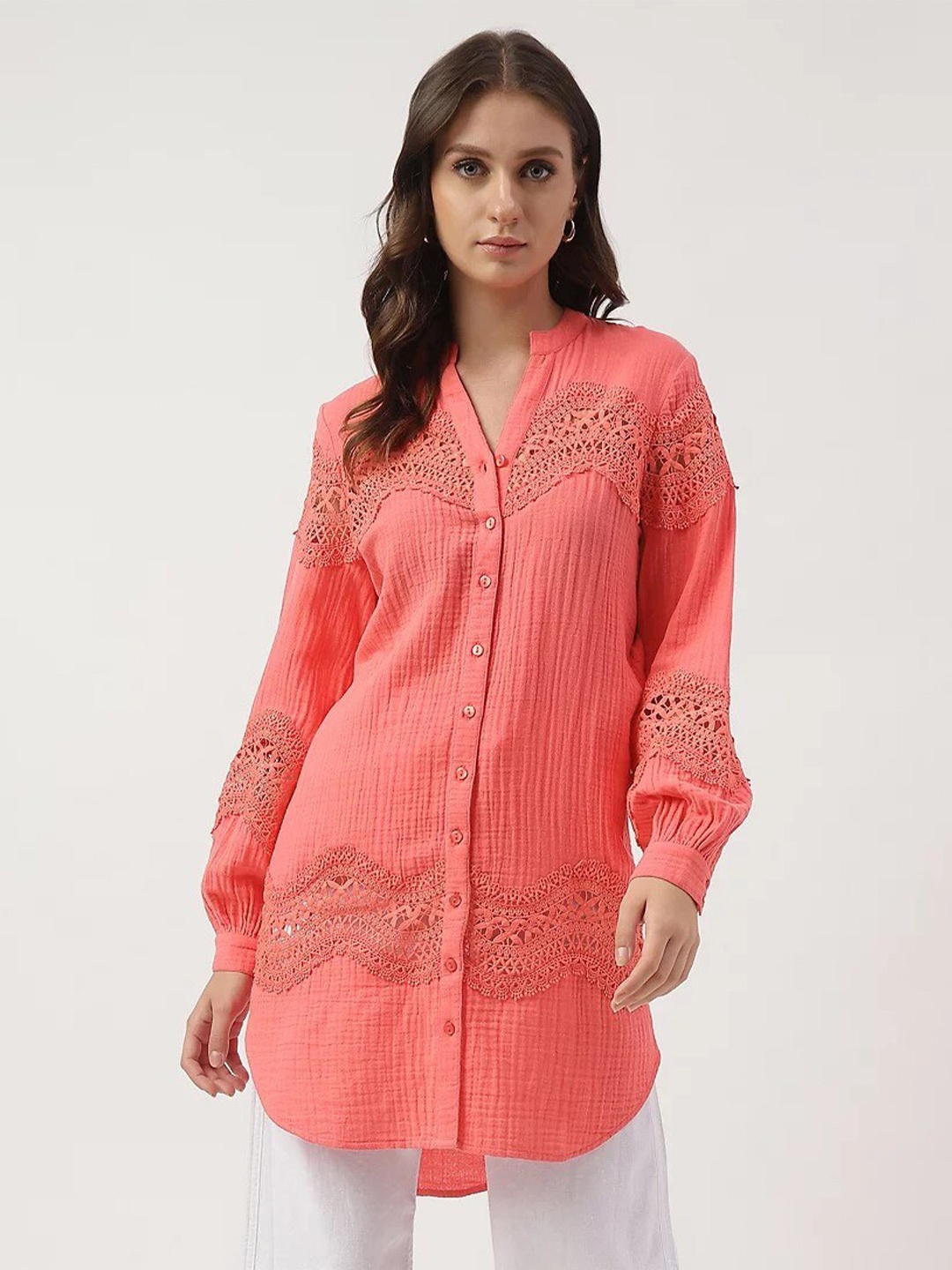 

Marks & Spencer Mandarin Collar Cuffed Sleeves Lace Insert Tunic, Coral