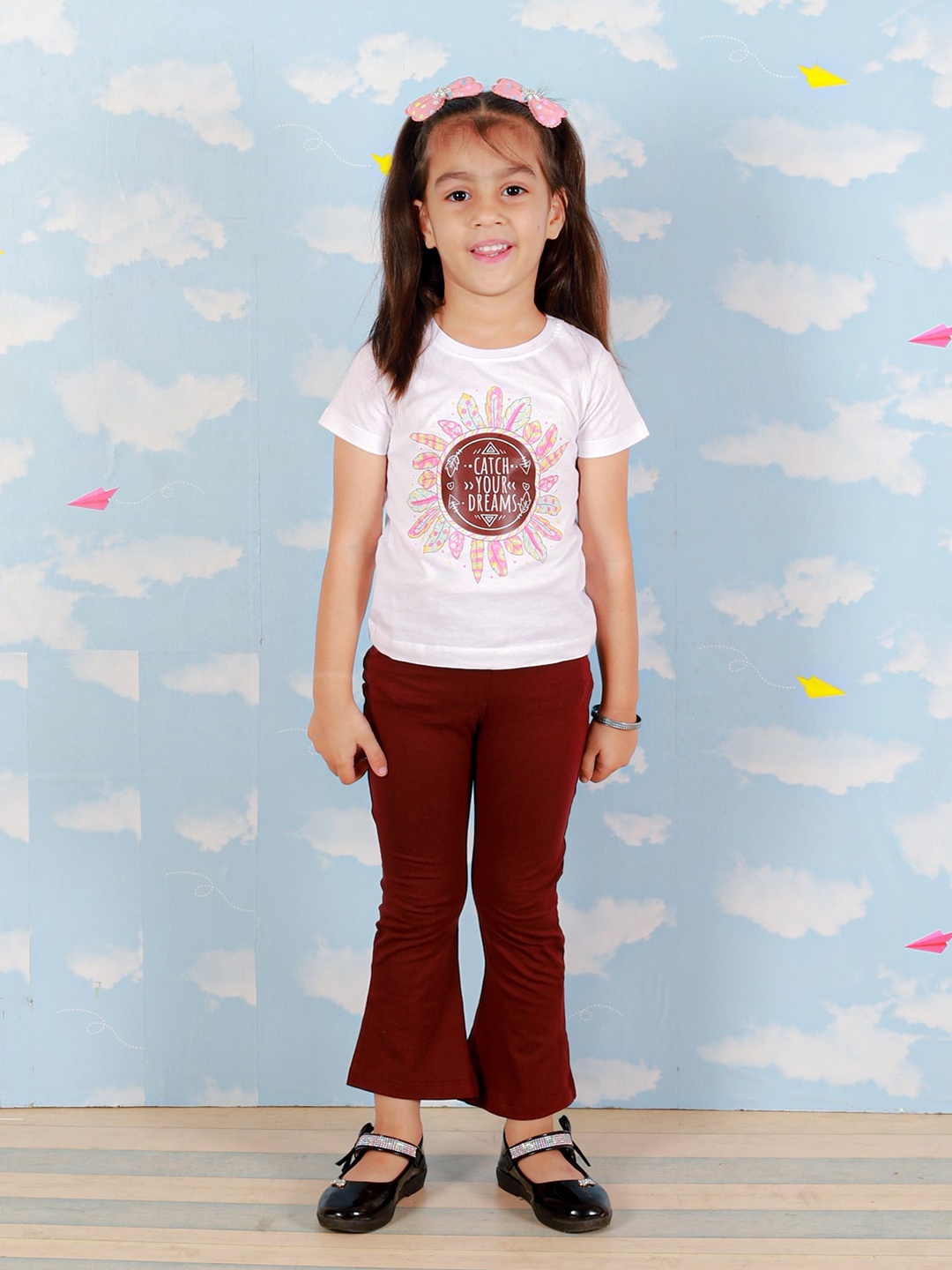 

The Mom Store Girls Printed Top with Palazzos, White