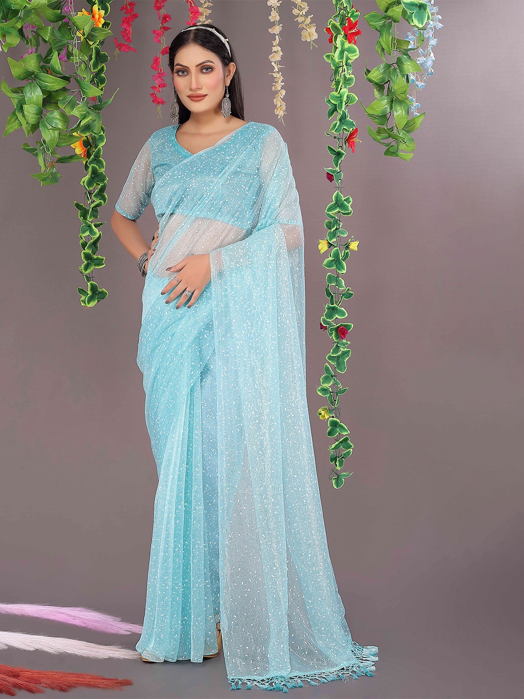 

KALINI Abstract Printed Net Saree With Blouse Piece, Blue