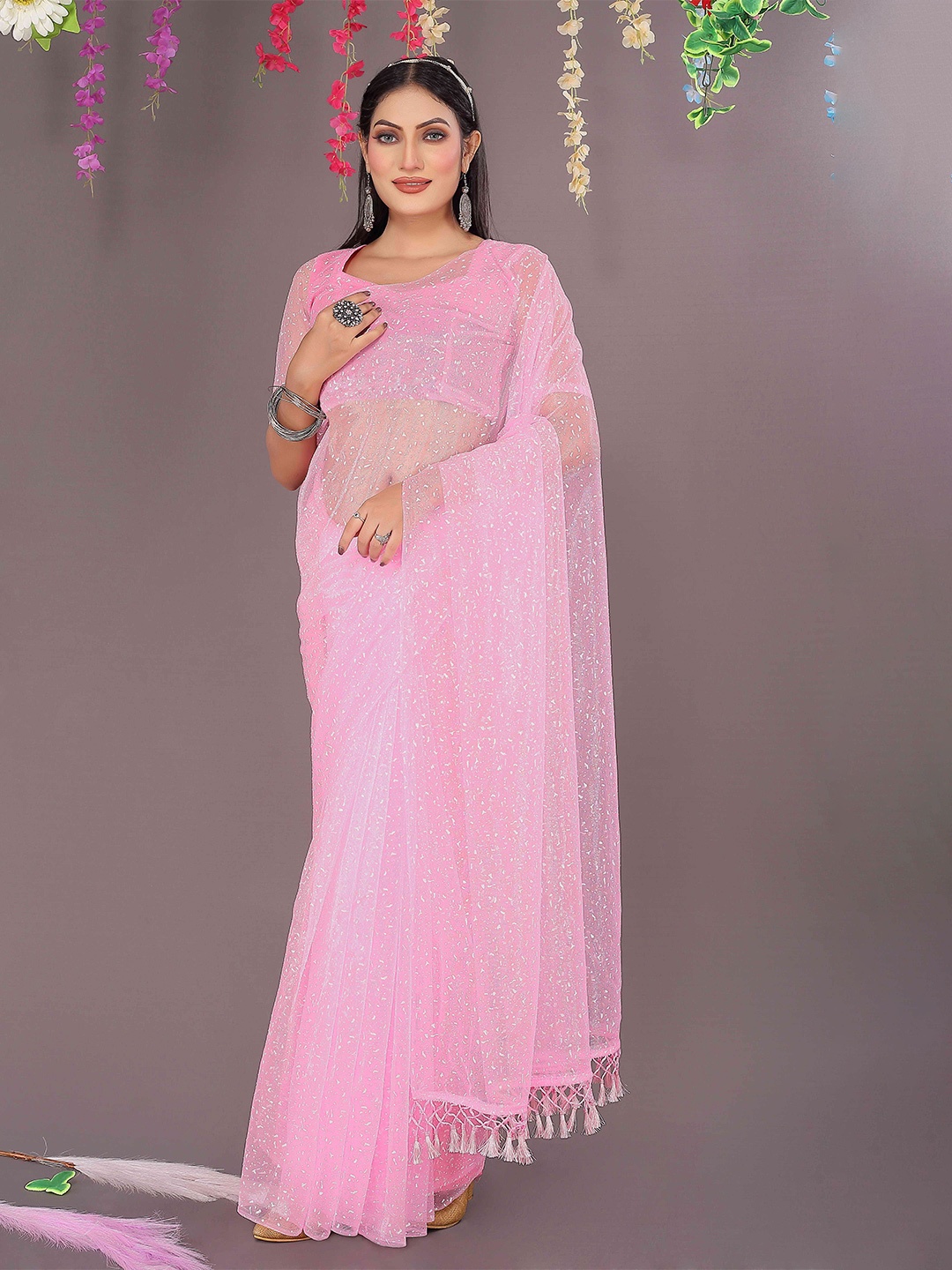 

KALINI Abstract Printed Net Saree, Pink