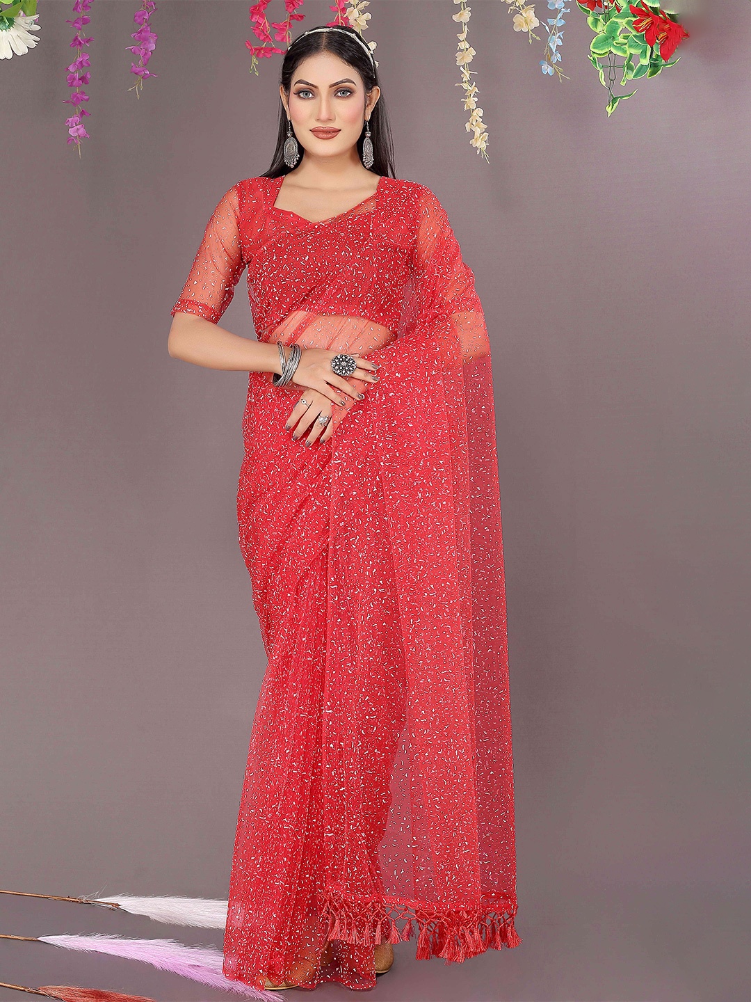 

KALINI Abstract Printed Net Saree, Red