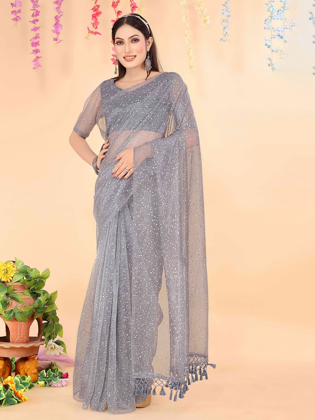 

KALINI Abstract Printed Net Saree, Grey