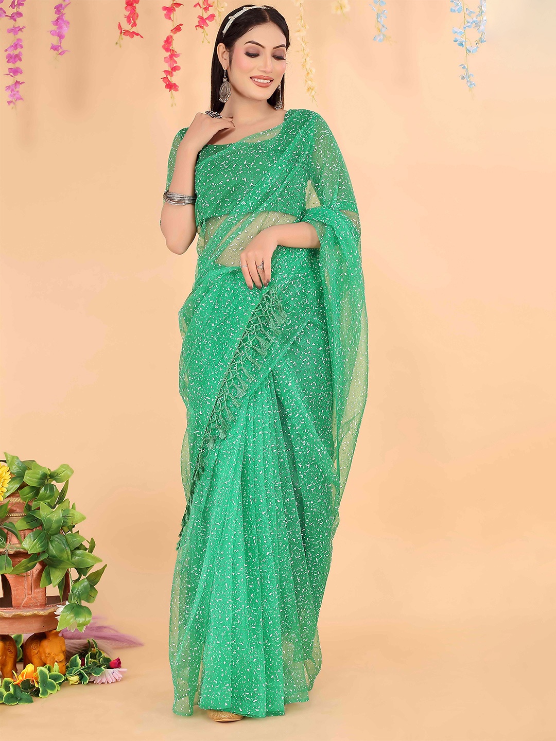 

KALINI Abstract Printed Net Saree, Green