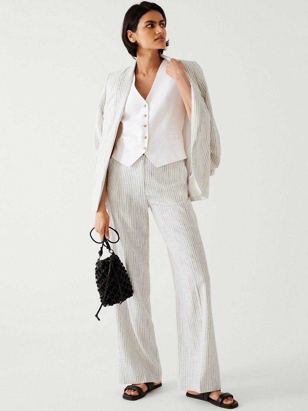

Marks & Spencer Women Striped High-Rise Regular Trousers, White