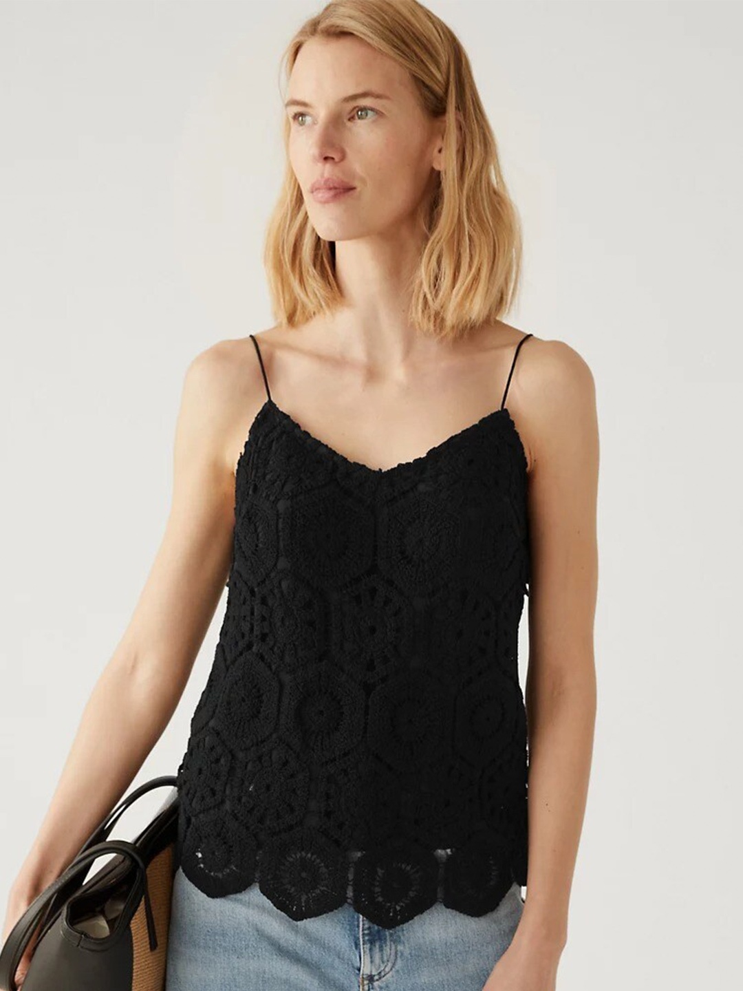 

Marks & Spencer Self Design Shoulder Straps Sleeveless Top, Black