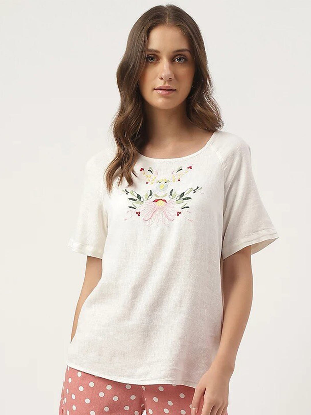 

Marks & Spencer Floral Embroidered Raglan Sleeves Top, Off white