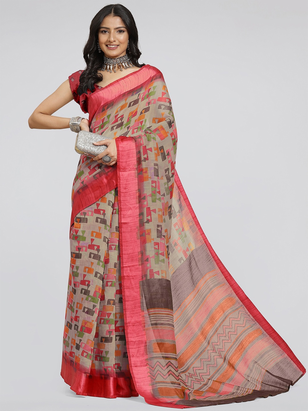 

MIRCHI FASHION Beige & Red Geometric Printed Saree