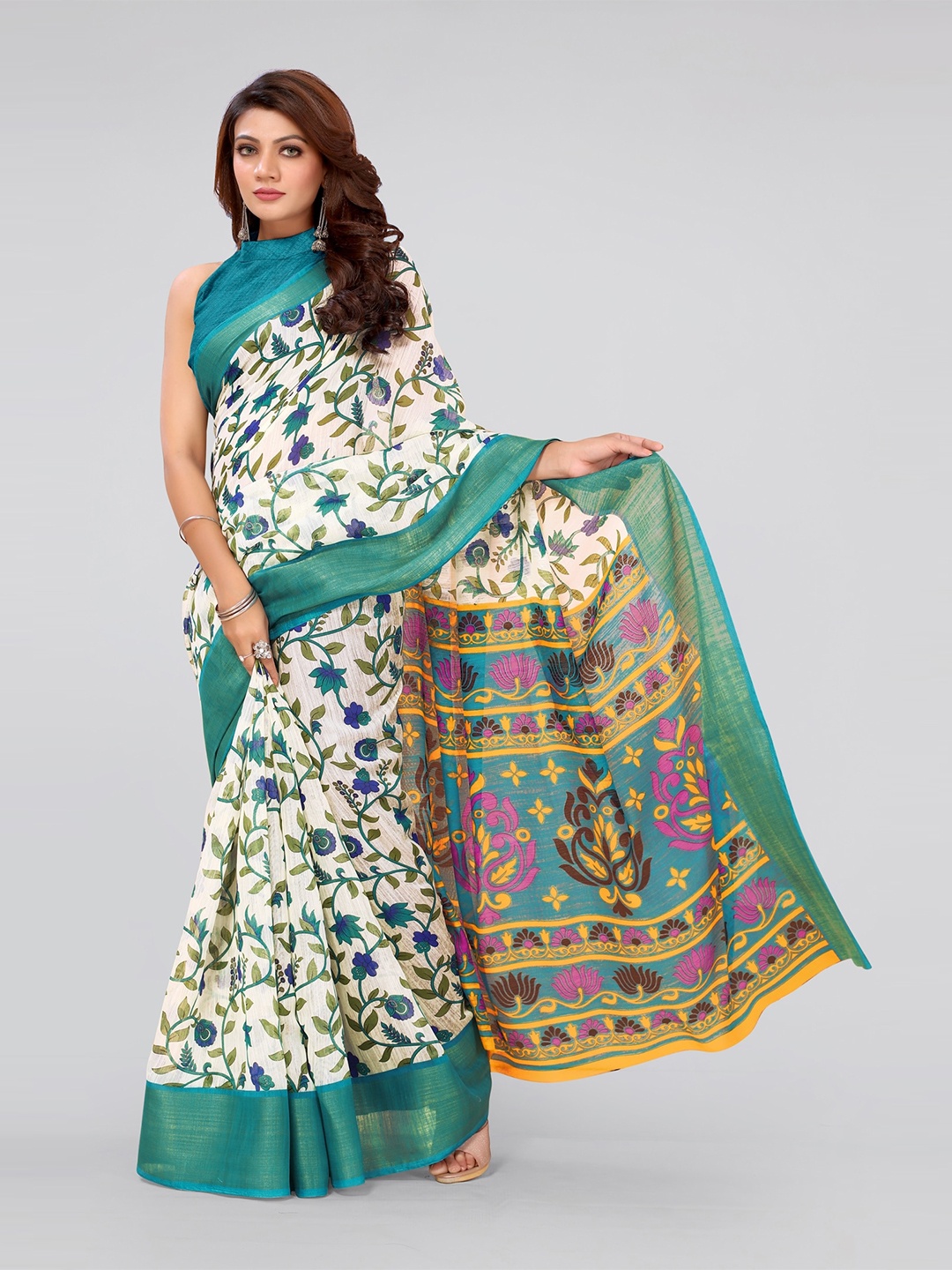 

KALINI White & Teal Floral Printed Zari Saree