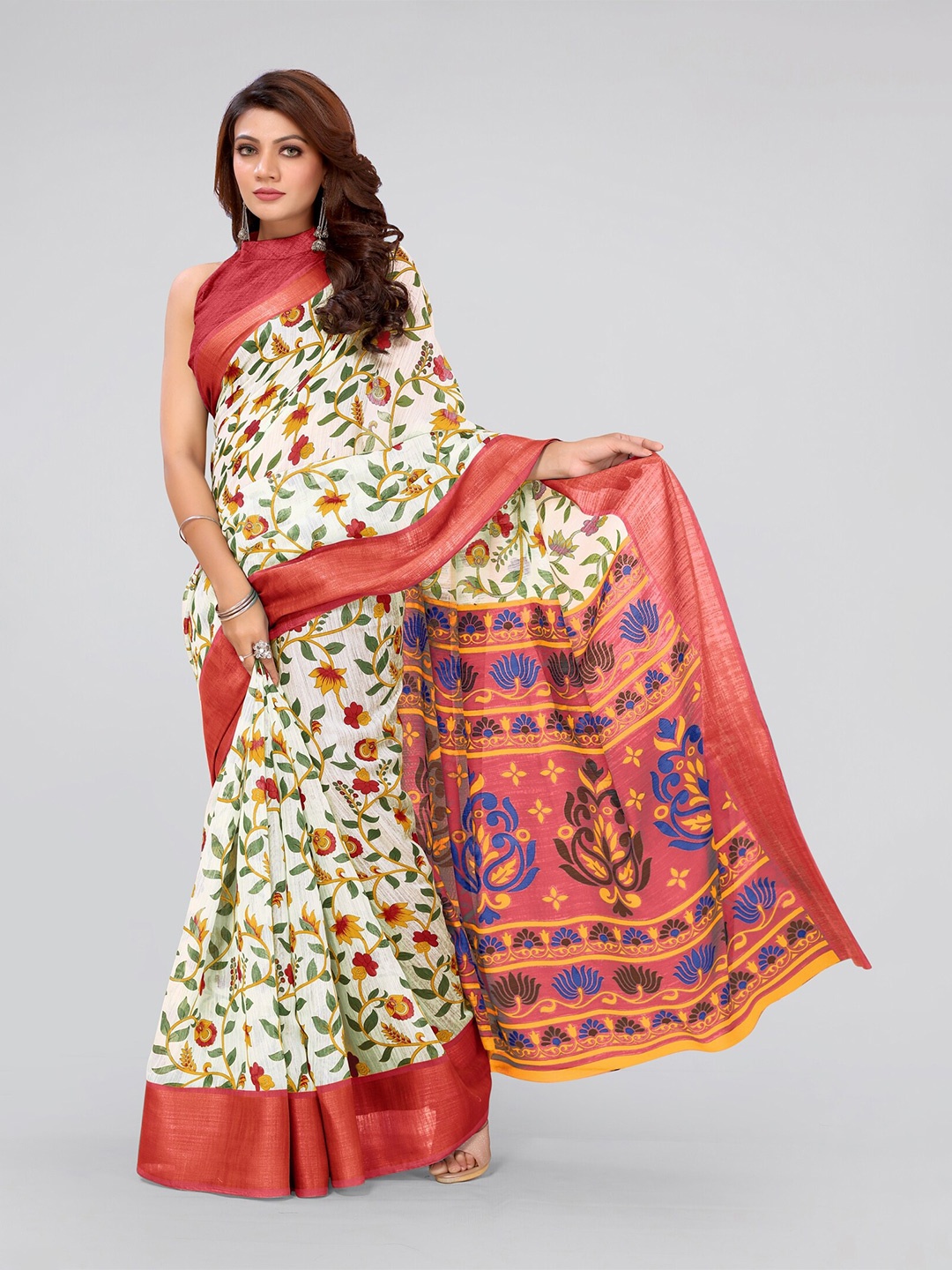 

KALINI White & Red Floral Printed Zari Saree