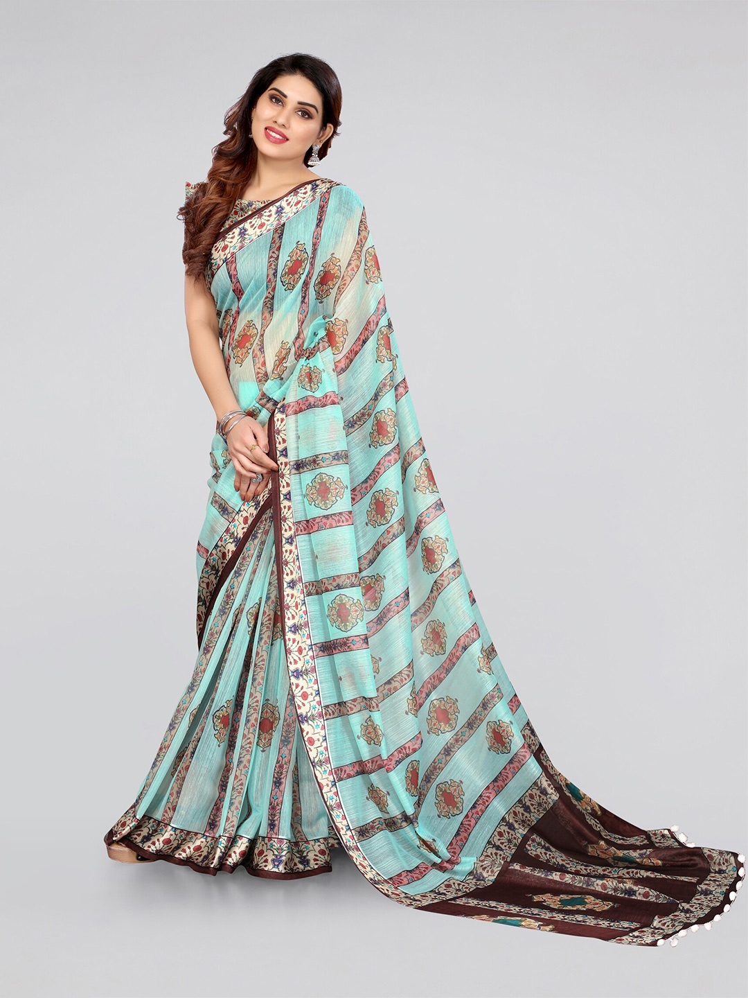 

KALINI Turquoise Blue & Brown Floral Printed Saree