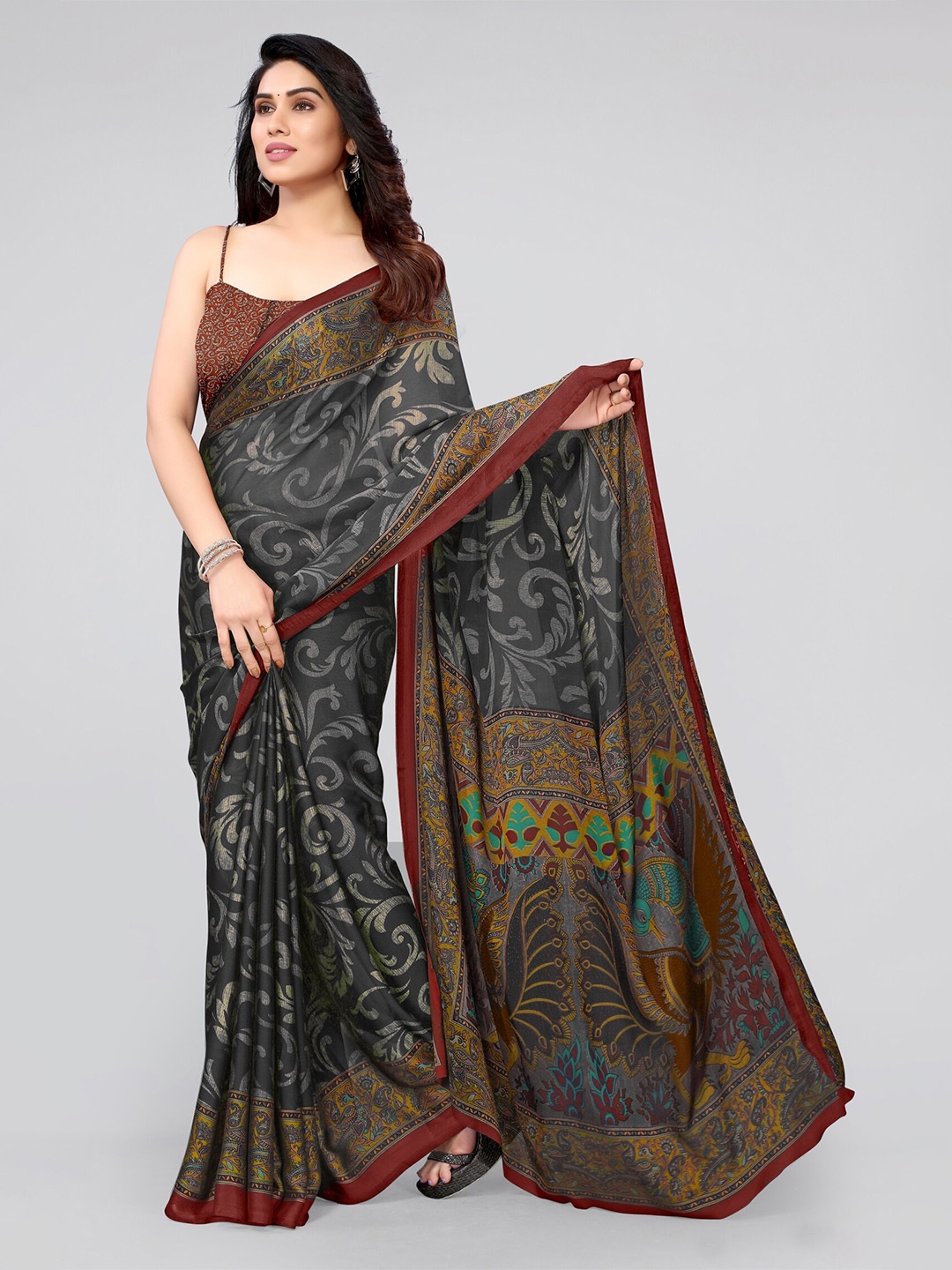 

KALINI Black & Red Floral Printed Saree