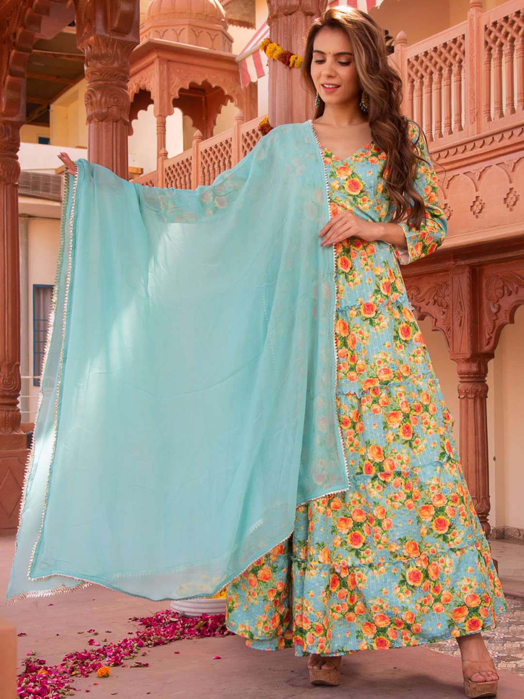 

Calmna Floral Printed Angrakha Kurta & Trousers With Dupatta, Blue