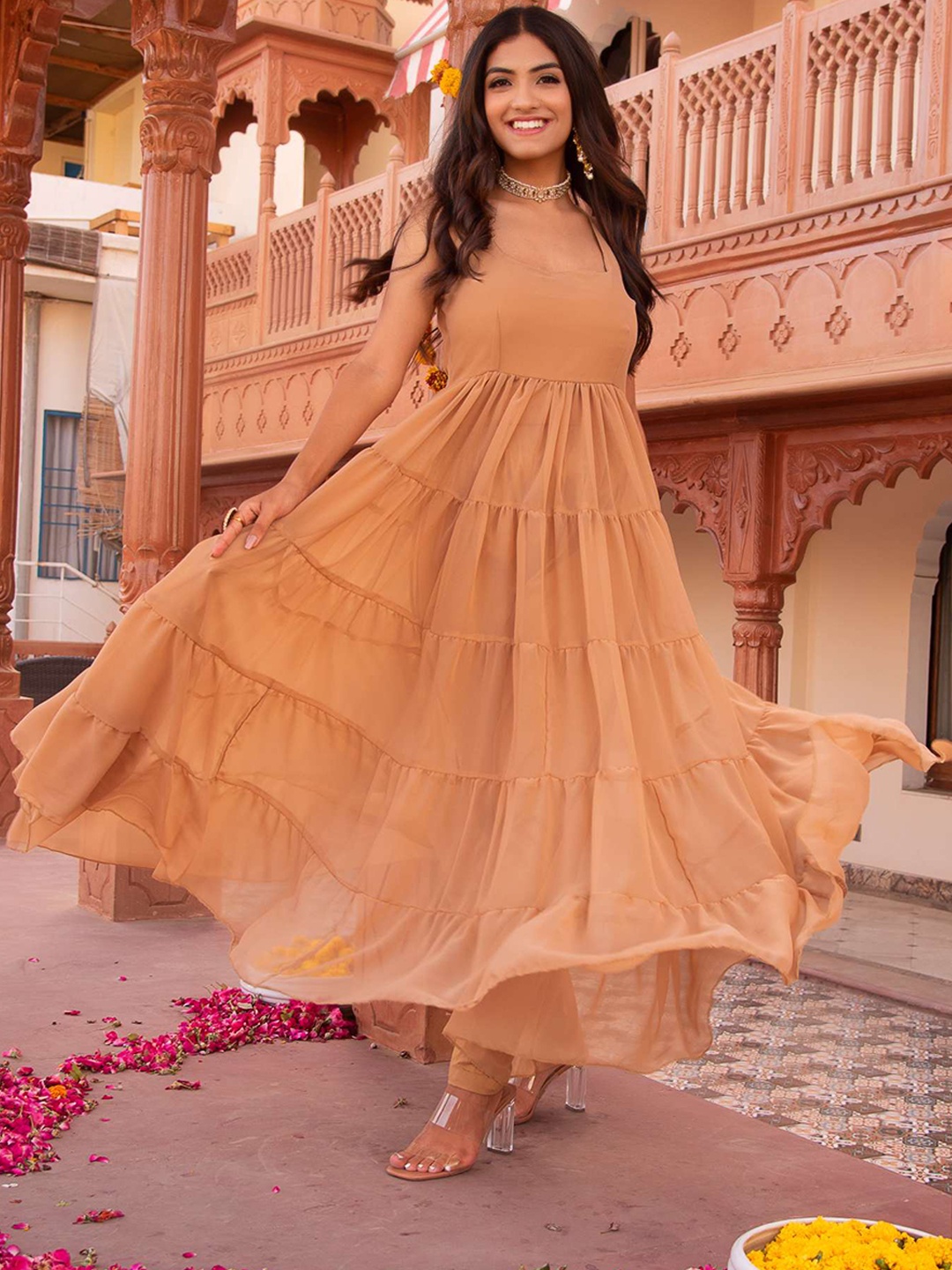 

Calmna Gotta Patti Kurta With Trousers & Dupatta, Beige
