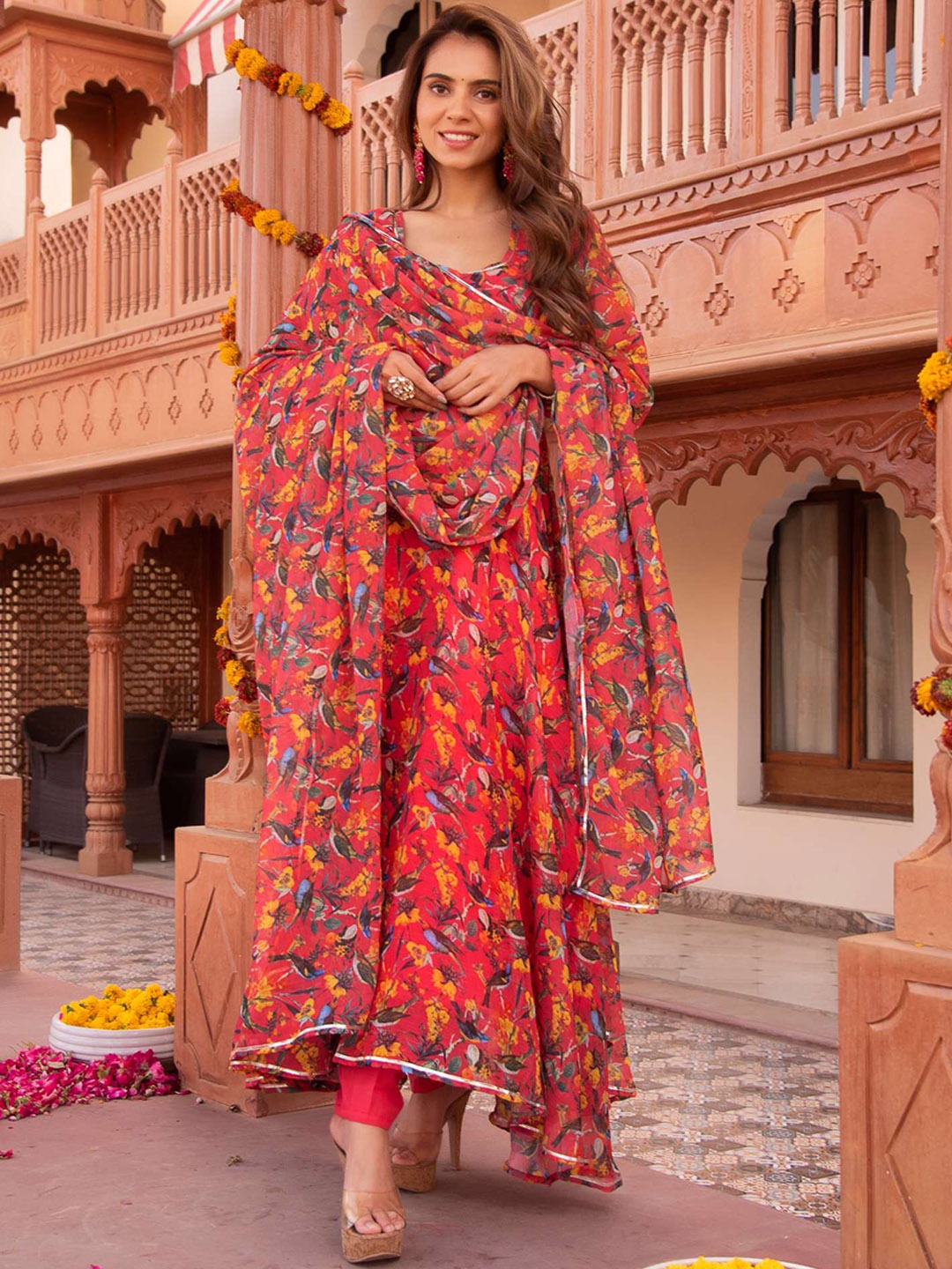 

Calmna Abstract Printed Anarkali Kurta & Trousers With Dupatta, Red