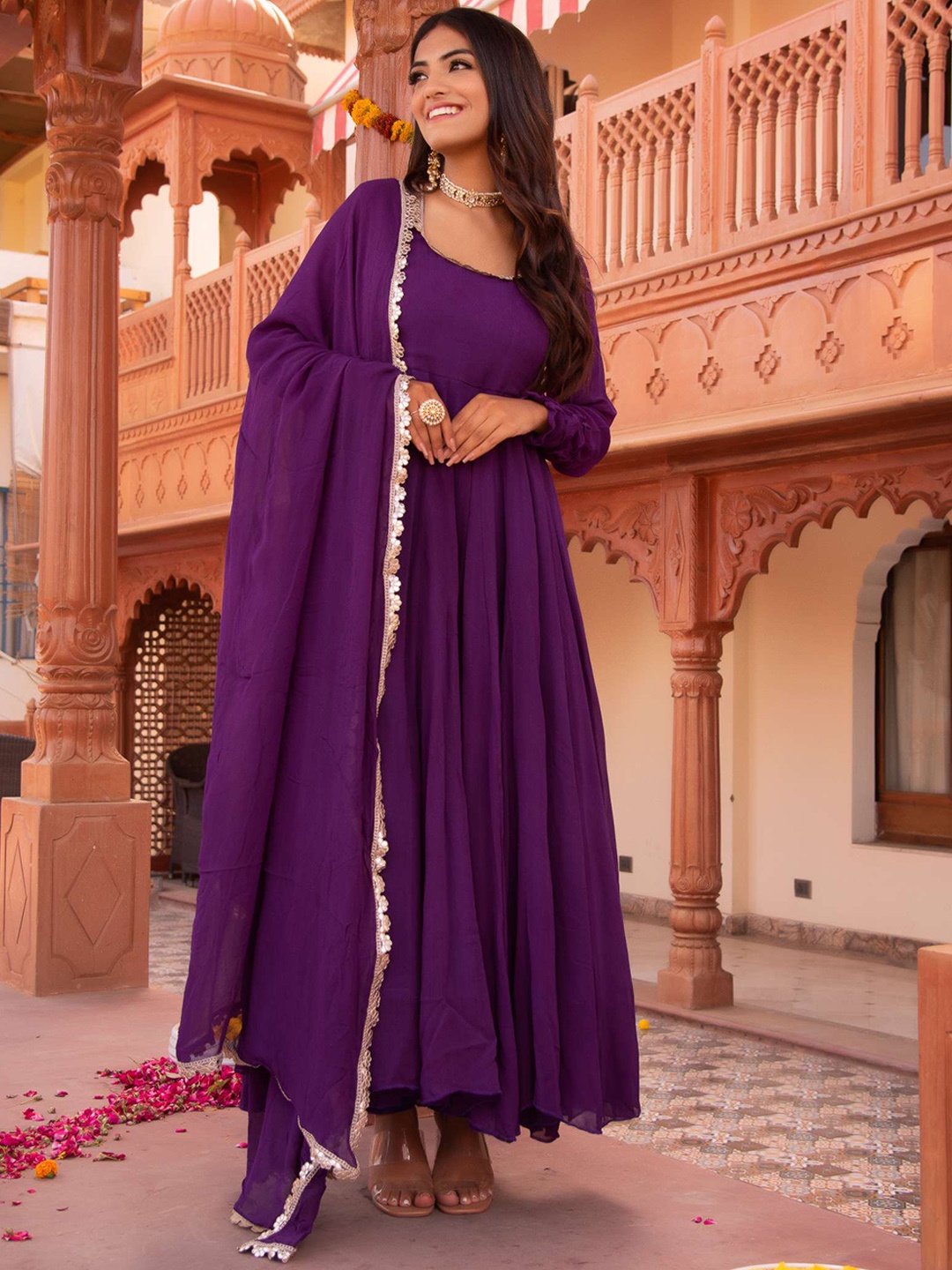 

Calmna Women Georgette Empire Anarkali Kurta with Trousers & With Dupatta, Purple