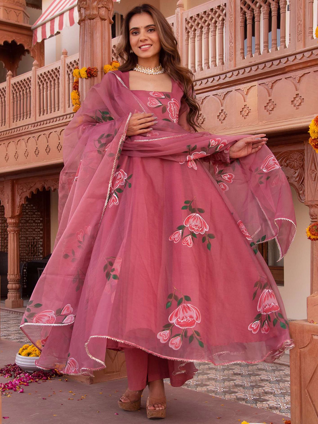 

Calmna Floral Printed Gotta Patti Anarkali Kurta With Trousers & Dupatta, Mauve