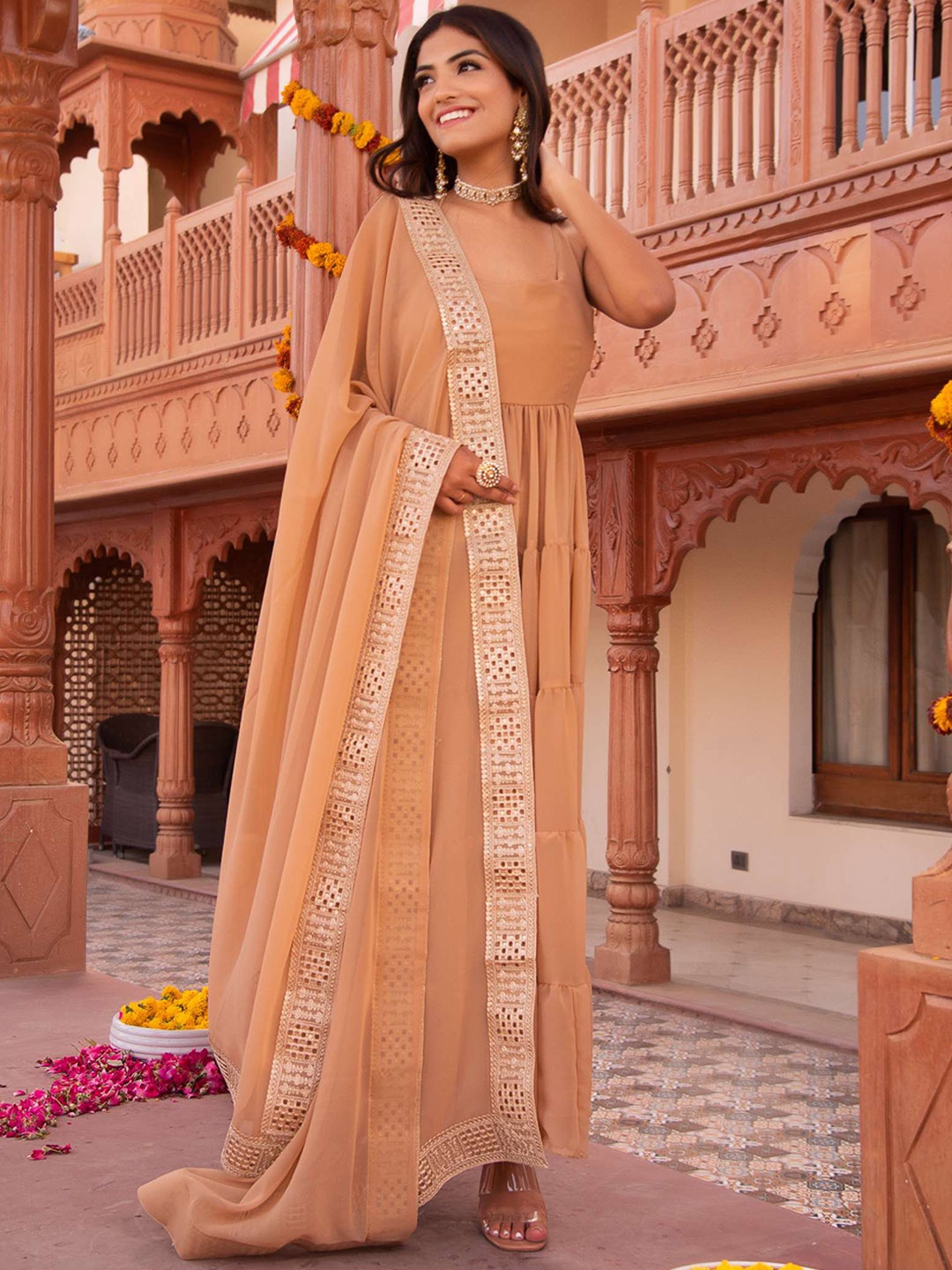 

Calmna Tiered Sleeveless Anarkali Kurta & Trousers With Dupatta, Nude