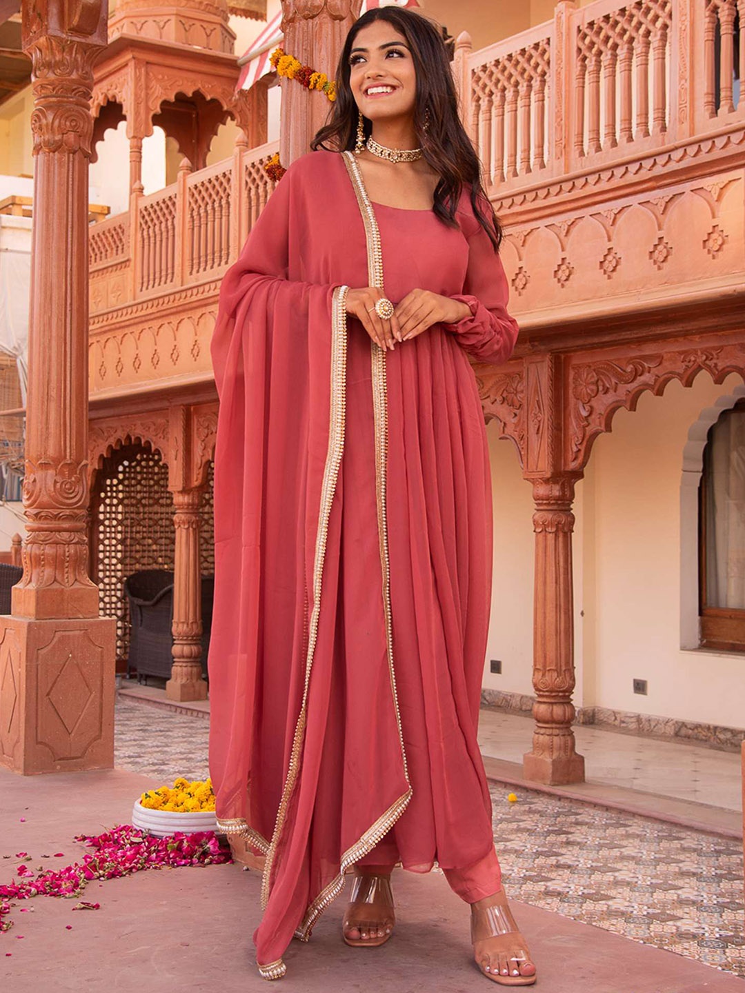 

Calmna Women Georgette Empire Anarkali Kurta with Trousers & With Dupatta, Rust