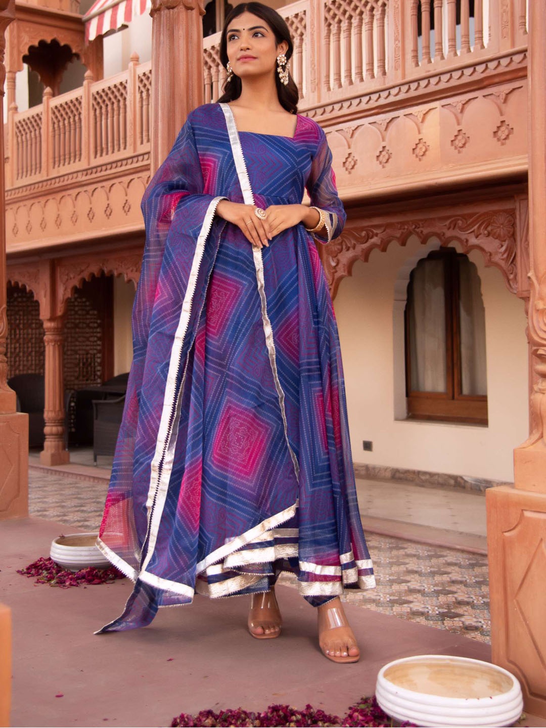 

Calmna Bandhani Printed Anarkali Kurta & Trousers With Dupatta, Blue