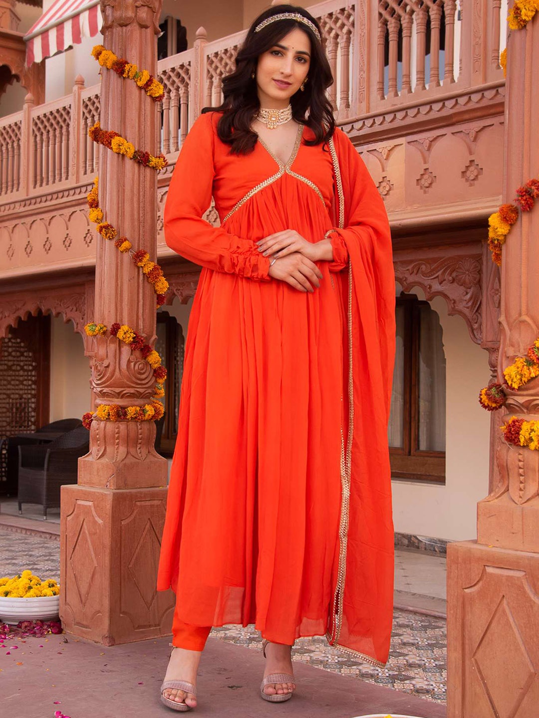 

Calmna Gotta Patti Empire Anarkali Kurta With Trousers & Dupatta, Orange