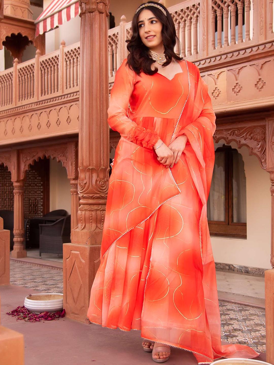 

Calmna Women Printed Empire Anarkali Kurta with Trousers & With Dupatta, Orange