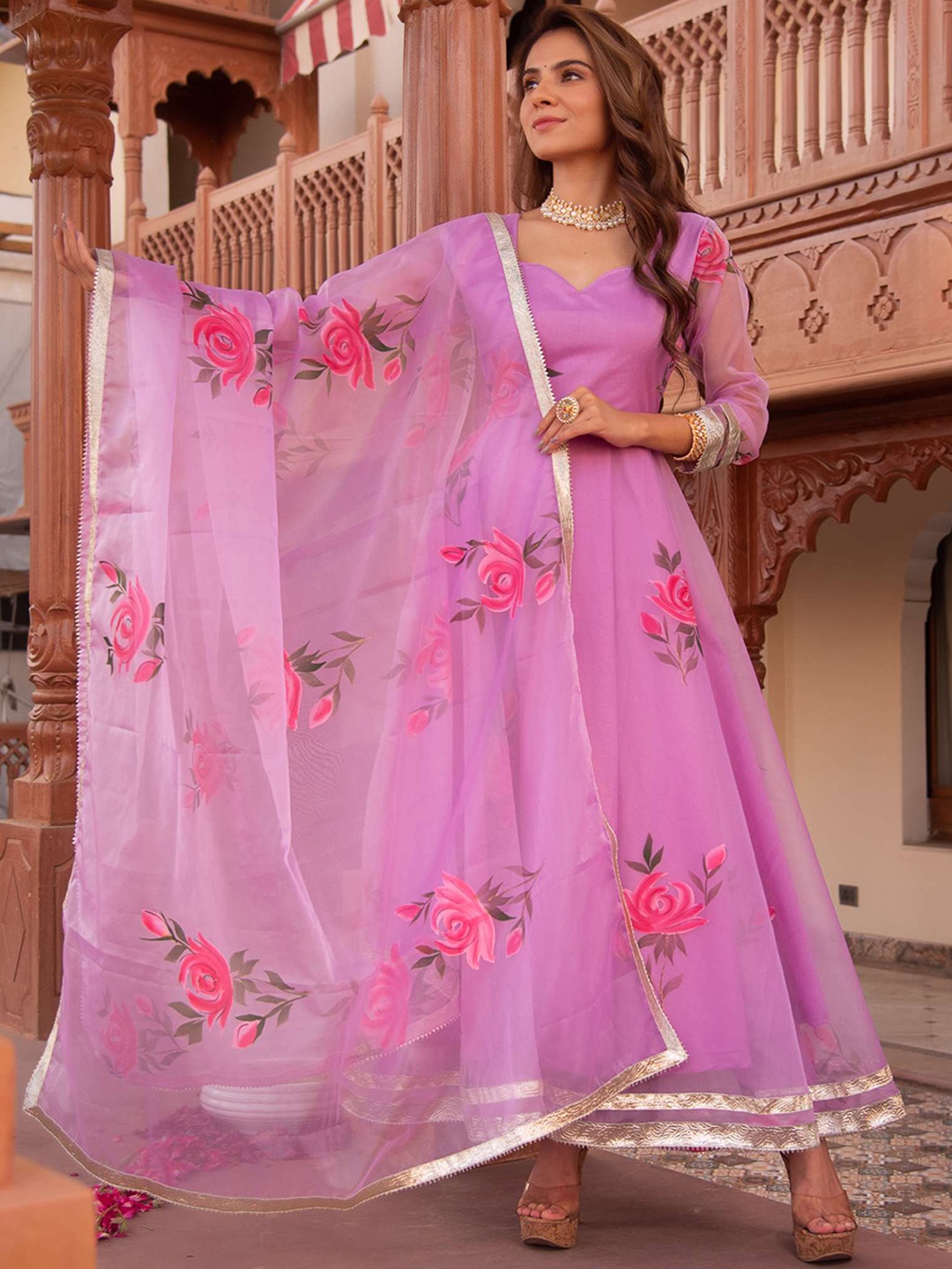 

Calmna Floral Printed Anarkali Kurta & Trousers With Dupatta, Lavender
